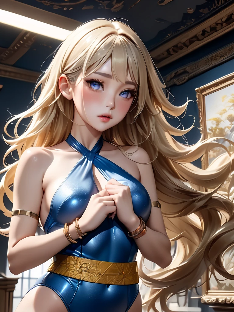 8K quality, light blue and white glittering background, ((Most beautiful girl ever)), (((Best quality))), HDR, ((Details)), ((Masterpiece)), ((Super detailed)), ((Delicate eyes, Best eyes ever, Beautiful eyes, Big eyes)), Mouth slightly open and smiling, Looking up (Light hair, Beautiful hair, Voluminous hair), (Small breasts, Thin waist), ((Gold bikini with small floral pattern))((Earrings, Necklace)), (((Small butt, Facing backwards, Turning to look at camera, From waist up)))