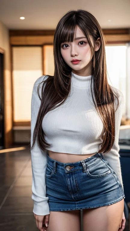 (1人:1.37, Night situation:1.37), (Realistic, Photorealistic: 1.37), (masutepiece, Best Quality: 1.2), (Ultra High Resolution: 1.2), (Raw photo: 1.2), (Sharp Focus: 1.3), (Face Focus: 1.2), (Ultra detailed CG unified 8k wallpaper: 1.2), (Beautiful tanned skin: 1.5), (Tanned skin color: 1.5), (hyper-sharp focus: 1.5), (Ultra Sharp Focus: 1.5), ( Beautiful pretty face: 1.3), (The face of the Japan actress:1.3), (hyper detailed background, Detail Background: 1.3), BREAK, Photos of very cute and beautiful Japan of women, (sexymodel), professional attire, (38 years: 1.1), Portrait of a girl with a bright smile, Upper body image, When viewed from the front, The composition is symmetrical, (dramatic lights: 1.3), (Backlight: 1.3), lighting that covers the whole body, looking straight at you, Natural Posing, arms behind back:1.3, BREAK HA, (Mahogany fine hair: 1.2, Wavy bob hair:1.2), dark brown eyes, Beautiful eyes, Princess Eyes, ((Mahogany hair:1.3)), Bangs, hair between eye, (Voluptuous:1.47, curby), (medium breasts⁩;1.37, drooping chest:0.95), (thin waist: 1.05), (Detailed beautiful girl: 1.4), BREAK, (Chest squeezed together, View Viewer, (Black Turtle Sweater:1.37, Box Skirt:1.37, detailed  clothes, A charming expression)), Solo, Parted lips, Red lips, BREAK, (Resort hotel bedroom background:1.25, Simple background:1.25), (Seductive smile:1.15, Attractive:1.15, in heat:1.3, blush:1.3), ((Perfect female body)), (Upper body image:1.3, Bust Up Pottrait:1.3), frame head, Perfect ???????, Perfect proportions, 8.5 life-size, Face Focus, hyper realistic photography, Hyper Sharp Image, Hyper Detail Image,