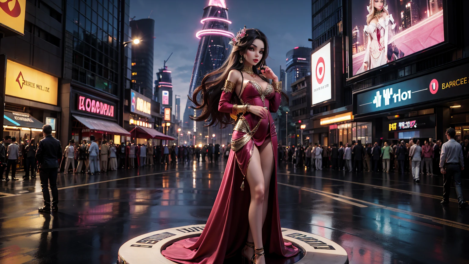 (blue purple neon lighting),(vibrant glow),dynamic colors,striking contrast,futuristic vibe,electric energy,reflective surfaces,(cityscape:1.3),8k,official wallpaper,(cyberpunk:1.2),beautiful Indian female indian goddess in purple sexy traditional Indian clothes, beautiful goddess, long hair, big boobs, cleavage show, big ass, beutiful traditional clothes in her body, indian girl with beautiful sexy shy smile, glowing face with lights, front view , sexy navel, traditional female look, indian traditional female, indian goddess, wearing a chain,beutiful eyes, futuristic goddess look, purple cloths, background is rocky terrain with three moons