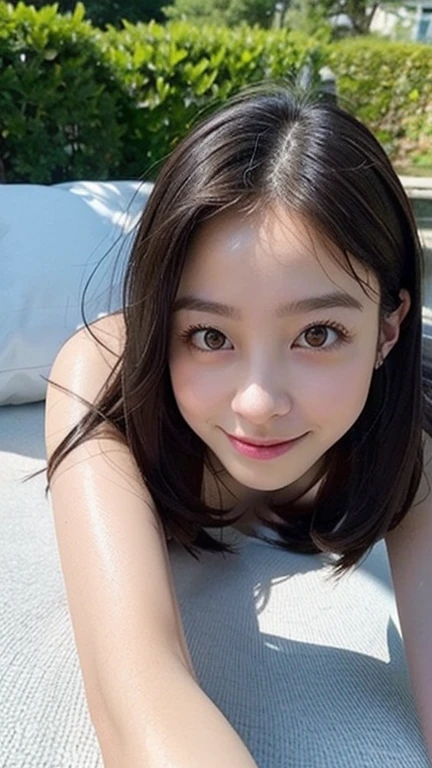 Highest quality, masterpiece, Ultra-high resolution,8K, (Realistic:1.6), (Close portrait:1.4) RAW Photos, ((Up facial)),girl,(Full of smiles, Showing teeth)), 22 years old,((Long Hair)),((Looking up at the audience)),Face Focus:1.4,((Photographed from above with a fisheye lens:1.4)),