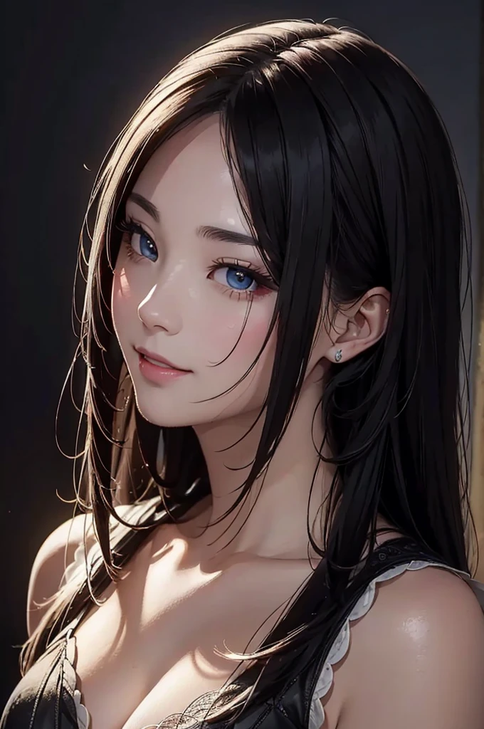 Anime girl with long black hair and blue eyes,Smooth anime CG art,Realistic anime 3D style,realistic anime artstyle,Detailed digital animation art,Digital animated illustration,realistic anime artstyle,Kawaii realistic portrait,Detailed portrait of anime girl,A beautiful anime portrait,Realistic anime girl rendering,Realistic young anime girl, Portrait Anime Girl,Full body female,Landscape exterior