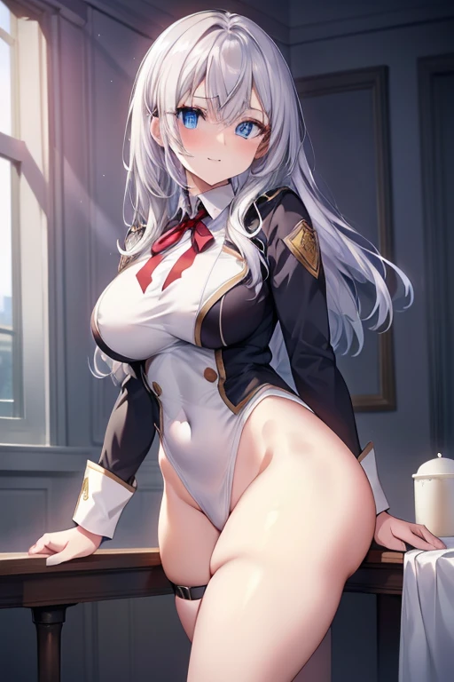 Anime girl, White fox ears, (One) White long fox tail, enormous boobs, white long hair, curvy, in captains quarters, navel captain uniform, purple colored eyes, smooth skin, white thong, hair covering right eye, serious face, navel uniform jacket, pants