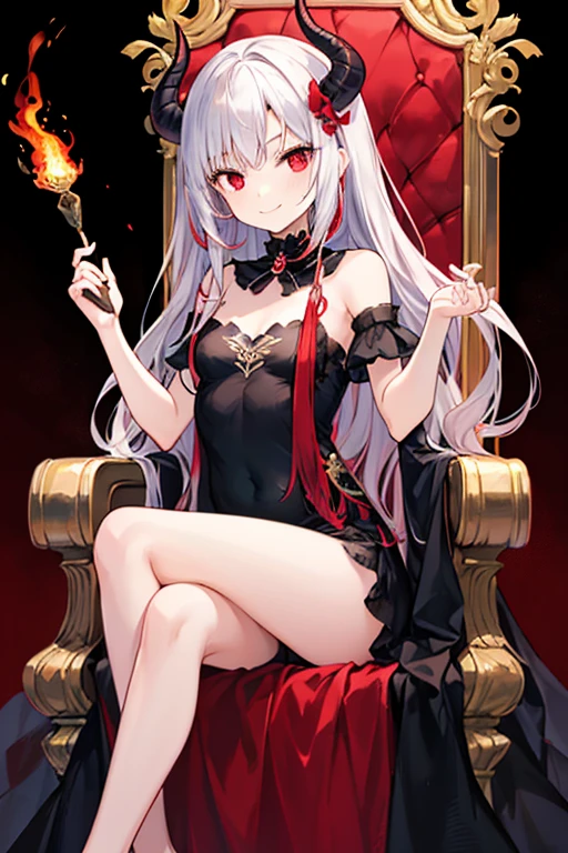 pale skin,dark风,wearing leg rings,long white hair,black eye shadow,red eyes,Abstinence,dark,goat horn,sickle,grim Reaper,sitting
