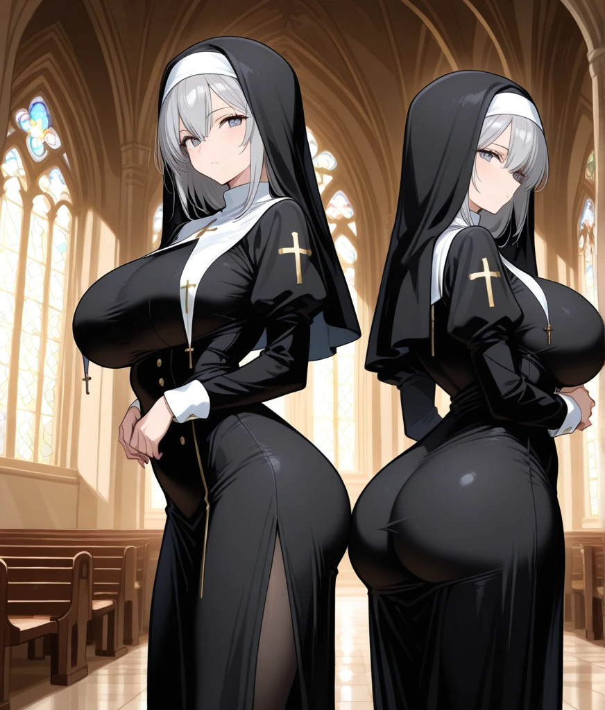 Three sexy nuns, big ones, big breasts, low-cut clothing, in a medieval cathedral.