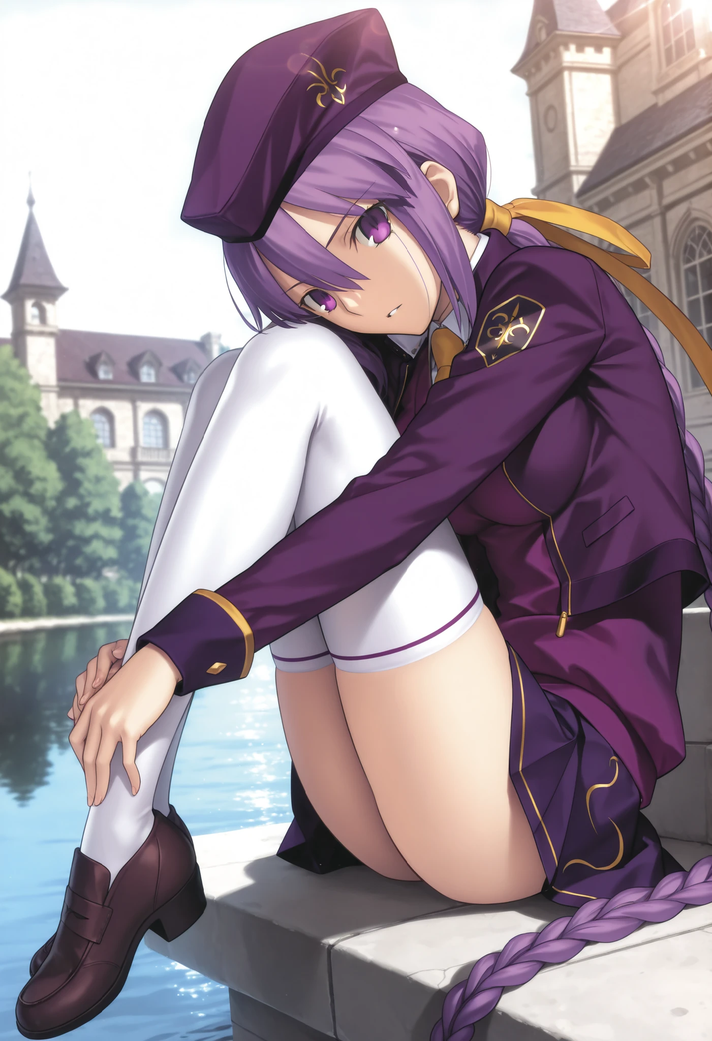 masterpiece, , absurdres, highres, detailed background, high resolution, masterpiece, necessary, detail, best quality, quality, necessary, details, High details, Precise, dark, outdoors, (mansion, ,river), lens flare, blurry background, ,
1girl, Takeuchi Takashi (type-moon,tsukihime) style, takeuchi takashi style,, (aged up) ,knee to chest,((very long legs, slim legs)), ,
girl, (slender body, slim arms, slim bod), (Sion) Eltnum (Atlasia) ,sion eltnam atlasia,(fate), purple hair , purple eyes, tsurime, hair between eyes ,long bang, long hair , braided hair , braided ponytail , yellow ribbon , EltnumOutfit ,small breasts, light purple sweater , sweater vest , collared undershirt , white undershirt , undershirt , yellow necktie , dark purple cropped jacket , dark purple skirt , miniskirt , gold trim , white thighhighs , single glove , fingerless glove , black glove , dark purple beret , jacket ,((head tilt)), looking at viewer ,brown loafer, fetal position,