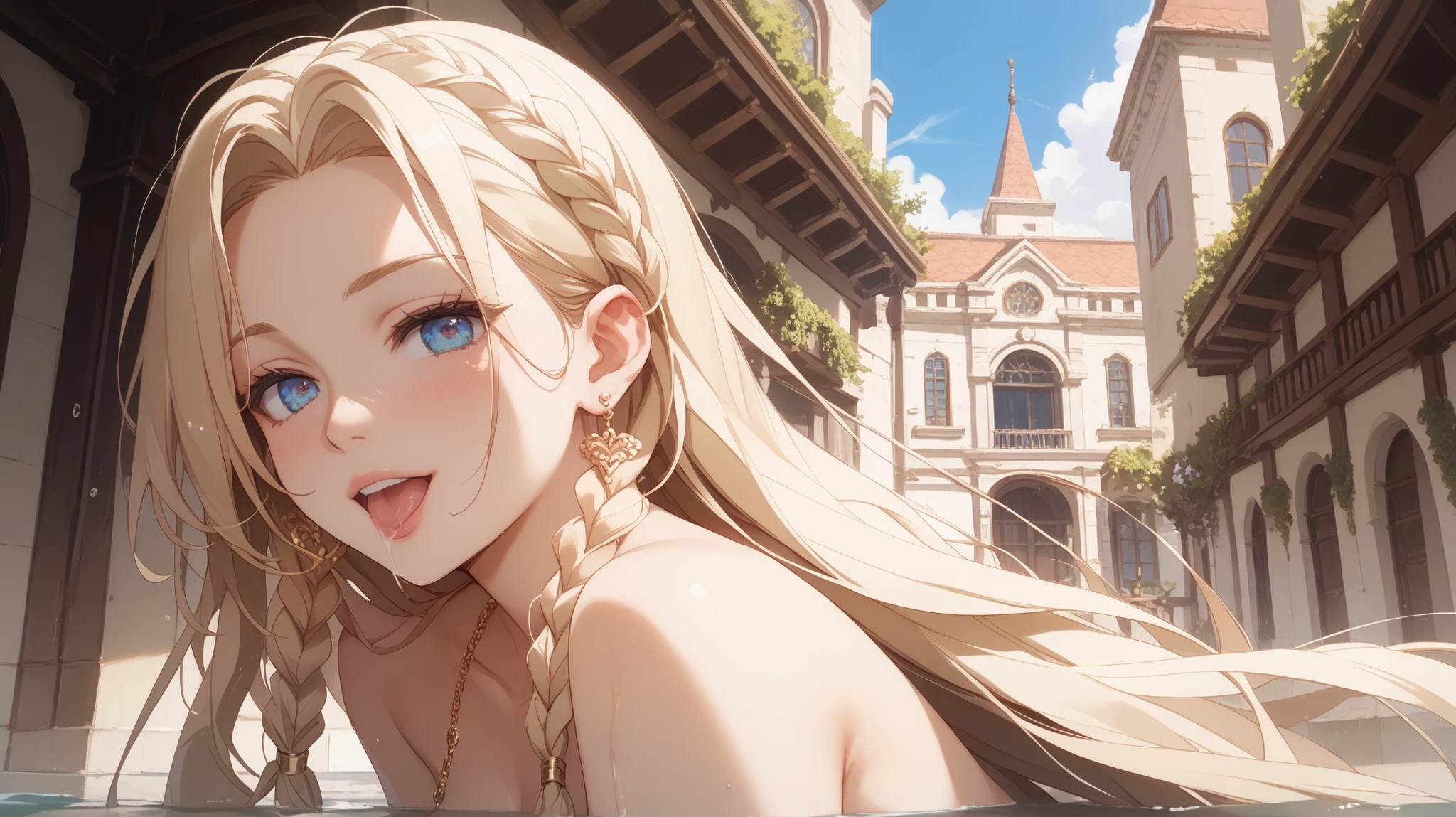 pretty girl、 long blond hair in a gorgeous building 、braids、( completely naked )、One person、Brook、Normal Angle、stroll、三角座りの completely nakedの少女、stroll、Wide angle、masterpiece、Highest Quality