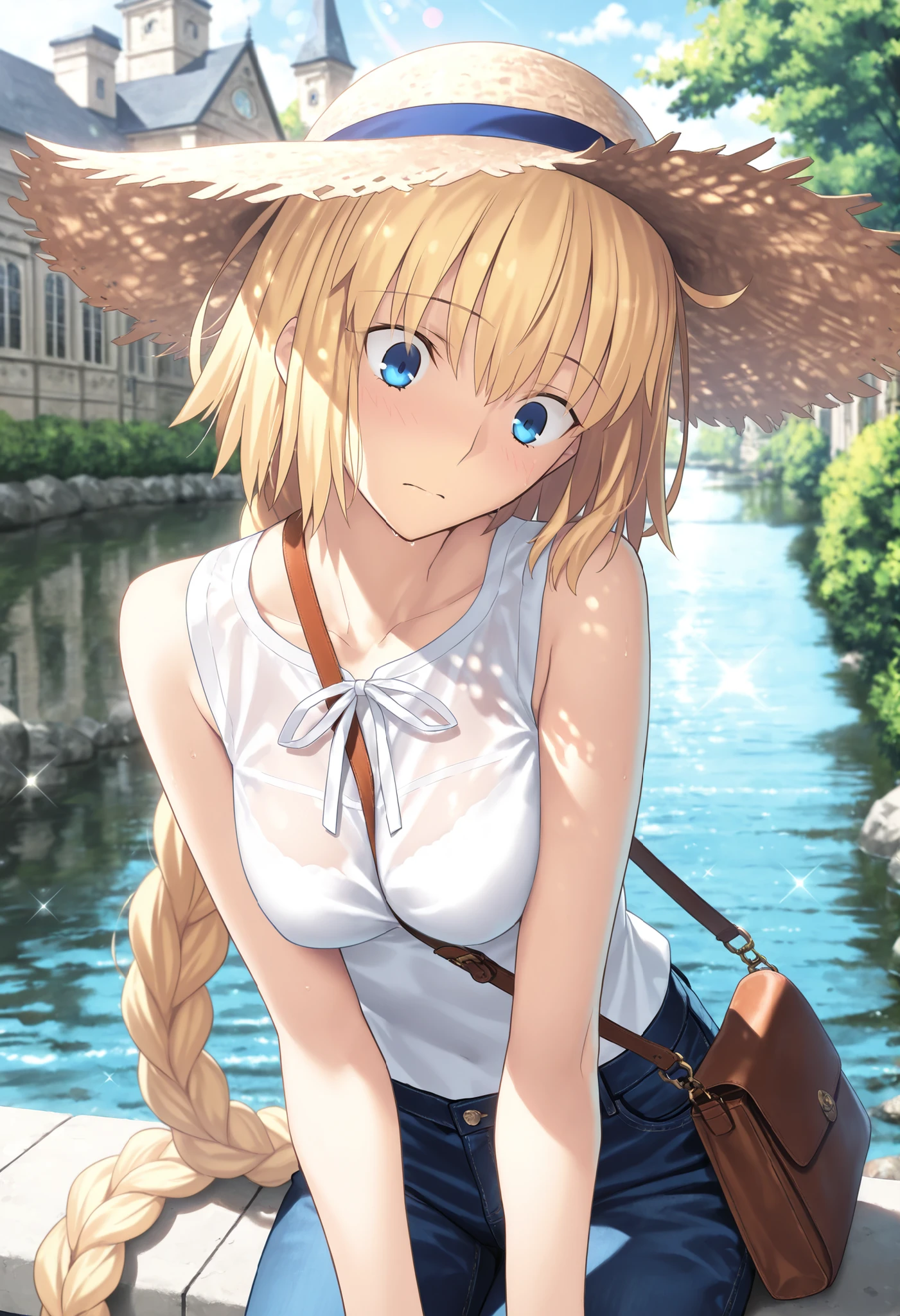 masterpiece, , absurdres, highres, detailed background, high resolution, masterpiece, necessary, detail, best quality, quality, necessary, details, High details, Precise, dark, outdoors, modern mansion, dappled sunlight, day, lens flare, blurry background, from above, upper body, from side, river,
1girl, , Takeuchi Takashi (type-moon,tsukihime) style, takeuchi takashi style, ((wide eyed)), facing down, shoulder mini bag, leaning forward, sitting,
girl, slim arms, jeanne d arc, \(fgo\), blue eyes, jeanne d arc, blonde hair, medium hair, , single braid,(straw hat), ((very big braid, huge braid)), see-through under wear, white shirt, , medium breasts, looking down, light embarrassed ,((head tilt)), , denim pants,