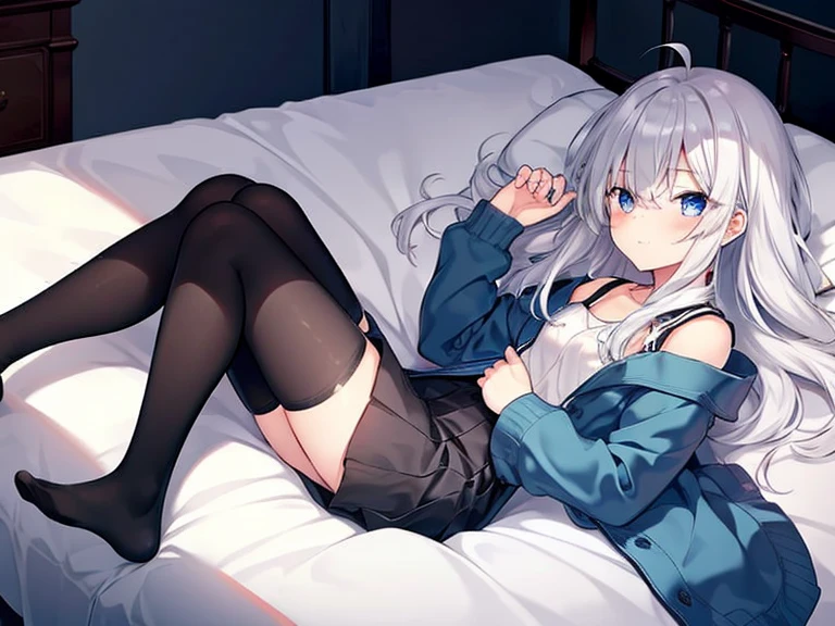 Digital Art, Digital Illustration, Ultra-detailed, beautiful image, Sharp Image, a close up of a woman in a short skirt and a grey sweater, sweater tucked into skirt, nylon tights, trending at cgstation, anime barbie doll, trending on cgstation, anime girl in real life, anime vtuber full body model, ((long white hair),(blue eyes),  ( 16 years old), (very small round breasts), on bed