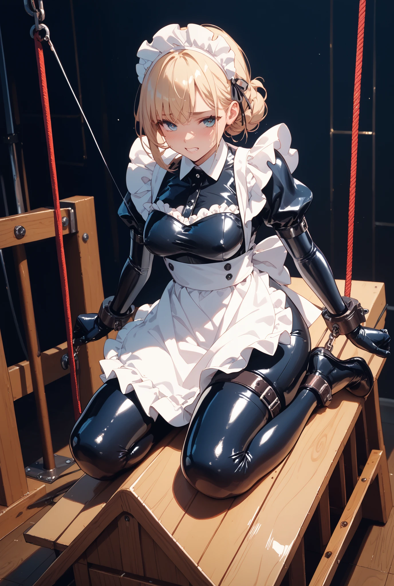Shiny blond hair, very long hair, sophisticated haircut, ((((hair fully braided)))), ((small twisted braids)), thin and oval face, submissive, (((gagged))), cute and blushing 18 years old anime girl, look away because she is embarrassed and blushes, bright blue eyes, detailed face, detailed members, detailed arms, detailed hands, Girl lying, tied by chains, shackled, can no longer move, tied tightly, very hard tied up with lots of chains, hampered by so many chains that she can no longer move, bound hands and feet, chains tie his whole body, tied extremely tightly and forcefully to her bed by a lot of chains, its limbs are strongly tied together by chains, his torso is tied up with thick cords, her chest is so tied up with chains that it sticks out, her legs are tied tightly with thick chains, his hands are tied behind his back with chains, she can no longer move her feet, her hands which are tied by thick chains, she desperately tries to free herself, likes to be tied tight with big chains, likes to be immobilized by big chains, lying down, his hands and feet are strongly tied to the railing of his bed, his legs are pressed together and tied with chains, its limbs are held vigorously by imposing chains, her hands are tied securely behind her back by chains, her chest is compressed by strong chains, she is pressed against her bed and restrained by large chains (shibari, arms behind the back:1.4), (hands on the back), (masterpiece, best quality) 1.5, 1girl, solo, (sexy, beautiful woman, perfect face, perfect eyes, perfect hands), samus aran, (shibari, arms behind the back:1.4), (hands on the back), Spread the legs, s' ((lie in bed by big chains)), ((close up of the girl)), ((((lie in bed)))), ((((a princess in armor trapped in a dungeon)))), ((((armor dress)))), ((((armor suit)))), ((((chained to the prison wall)))), ((((chained by big chains))))