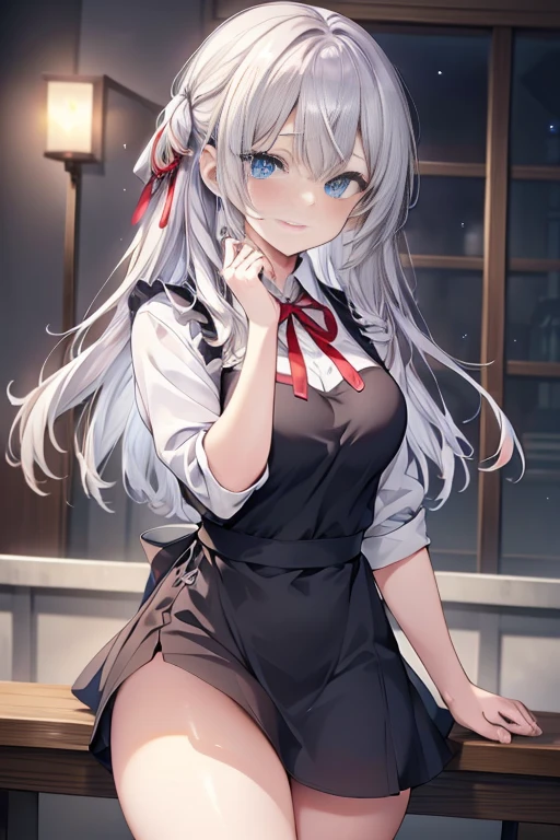 Extremely detailed face, an extremely delicate beautiful girl, extremely detailed eyes and face, high resolution, beautiful detailed eyes, real light source, warm colors, a girl, thigh focus, smile, look up, look at you, shy, very long hair, black hair, silver hair, bangs, big breasts (E, erlang legs, absolute field, school uniform, pleated skirt, mini skirt, white tights, leggings pantyhose, ribbons, necklaces, earrings, damaged over-the-knee socks, lace, clothing accessories/head accessories, headbands, Scattered cherry blossoms, detailed background, butterflies flying, classroom, hands on heads, indoors, tables in the sun