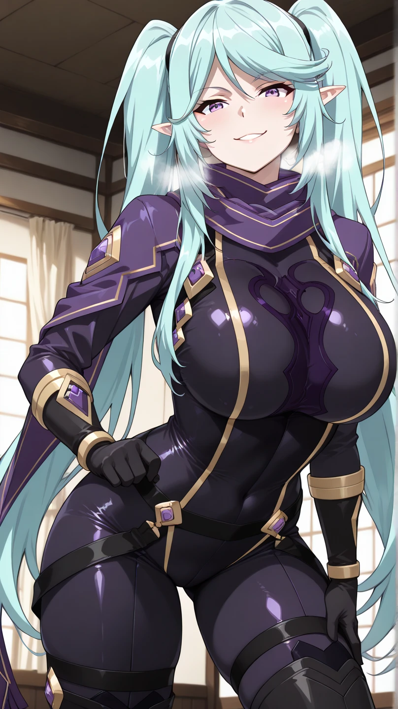 Mature woman, purple hair, huge breasts, 9 fox tails, fox ears, battle outfit