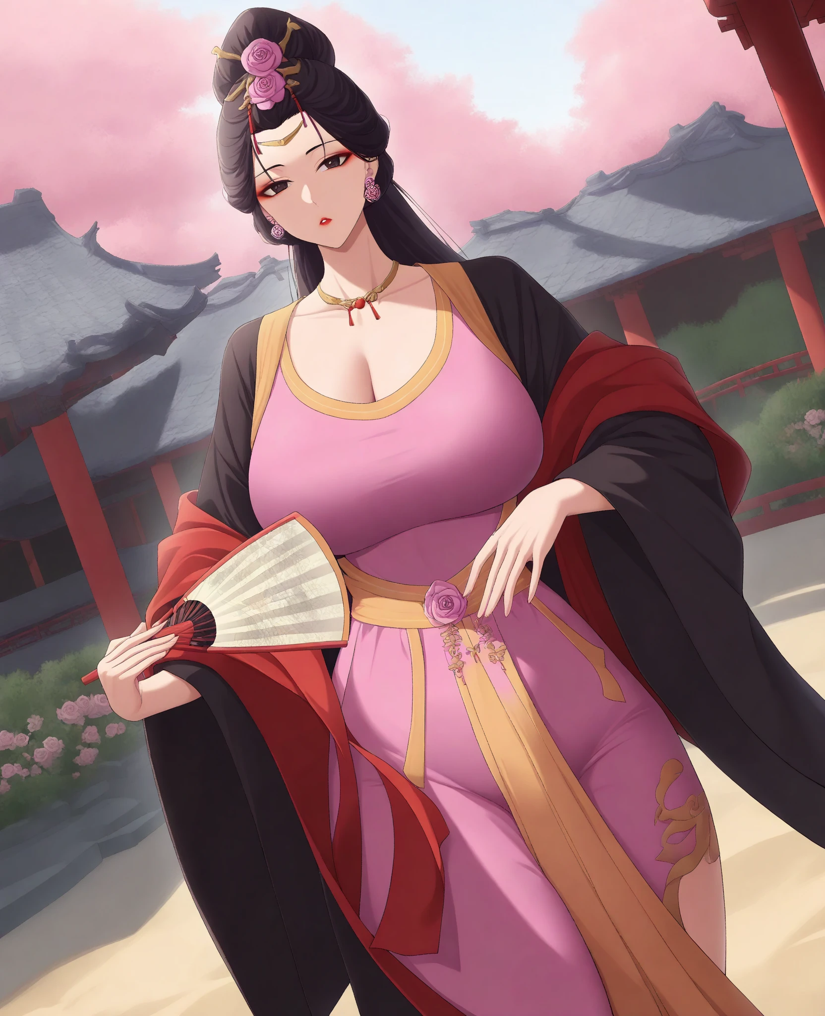 solo, centered, Ultra-detailed, vibrant colors, snowfield background, darkness, falling petals, 1girl, mature female, queen mother, dancing, confident, arrogant, standing, mean, open mouth, wicked laugh, large breasts, voluptuous, cleavage, tall, big ass, slim thick, small waist, slim thin arms, (knight armor), ribbon, handbag, purse, long purple ponytail hair, luxurious jewelries, expensive necklaces, pearls, pendant, bracelets, earrings, crown, detailed eyes, red glowing eyes, looking at viewer, from below, depth of field, cinematic lighting, close-up, masterpiece, anatomically correct,