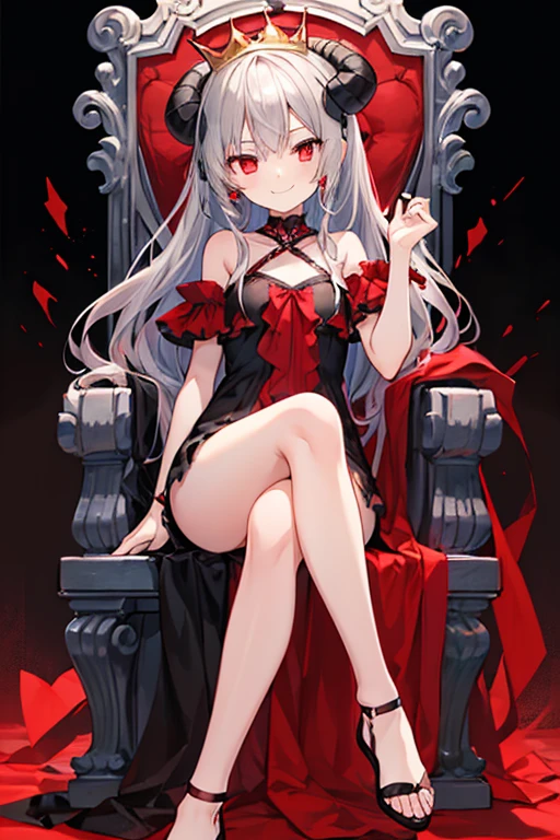 Silver Hair、Red eyes、Two blue horns、((Black Bondage Fashion))、sit on the throne、hell、Female Yama Demon King、