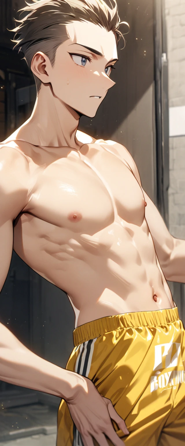 High resolution, masterpiece, The best quality at its best,最high quality,high quality, Height Details,boy, childの体,,Slender,[muscle],10歳のboy, , Short body,Viewed from the front,topless,Upper body naked,Both arms are tied,(White Briefs),The groin is bulging,The crotch is pointed upwards,Playing Banzai,Both arms raised,Both sides are visible,Wrist rope,Shiny skin,Blonde short hair,Brown eyes,classroom,Standing in front of a blackboard,Are standing,The whole body is visible,Sweat, Crying face,blush,