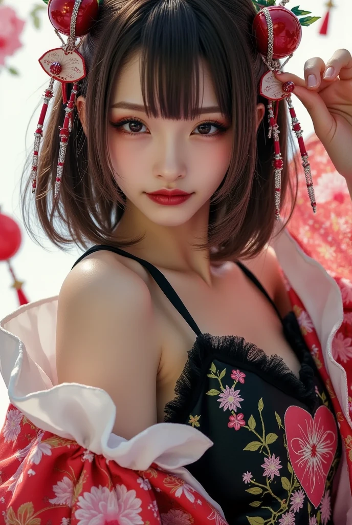 ((best qualtiy)), ((tmasterpiece)), (detail:1.4), 3D, Beautiful cyberpunk female images,hdr(HighDynamicRange),Ray traching,NVIDIA RTX,Hyper-Resolution,illusory 5,Sub-surface scattering,PBR textures,post-proces,Anisotropy Filtering,depth of fields,maximum definition and sharpness,Many-Layer Textures,Albedo e mapas Speculares,Surface coloring,Mitsu-Accurate simulation of material interactions,perfectly proportioned,rendering by octane,Two-colored light,largeaperture,Low ISO,White balance,Rule three points、8K raw data、beautiful bright pupils,off-the-shoulder clothes,Fine pupils,Delicate face and eyes,long eyelasher,Blushlush,Delicate and fluffy hair,Pink lips,Pure,Cute big breasts,Sweet girl,Artistic sense,Casual wear,Advancedsense,butterflys,Cherry blossom petal,Beautiful hair accessories