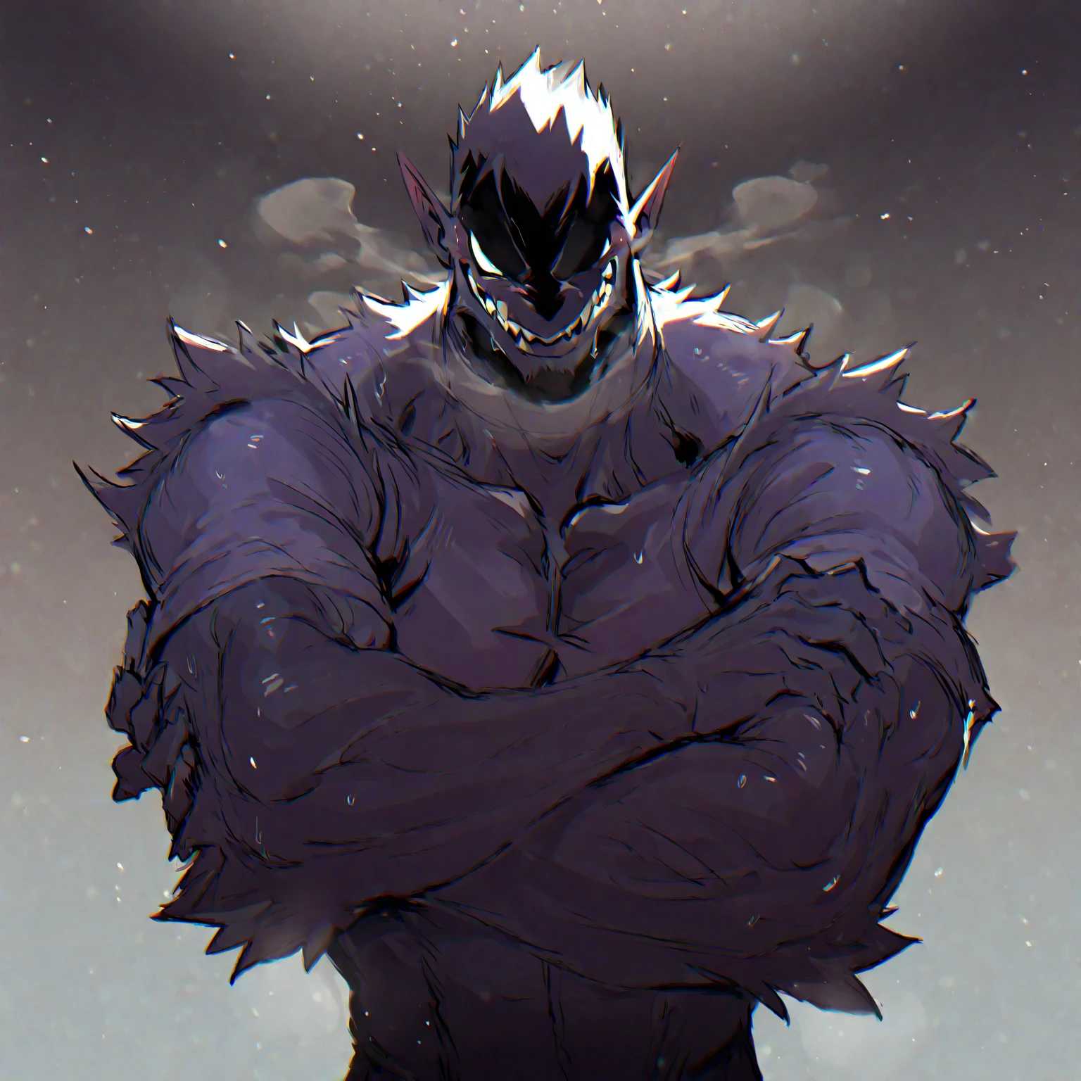 (furry_art), adult content, low-key light, by littleblackalas, NSFW, extremely_detailed, close up, drawing of puro (changed), (extremely detailed:1puro, mask, puro_(changed), fully_naked, adult), (dynamic posture: 1.5) anthro_wolf, black silk shorts, giant bulge, (HardVPL), naked, no_clothes, open_mouth, black_chest hair, black_colored_full_body, tiny_head, bara, broad_shoulders, bare shoulders, large_body, tail, very long legs, long arms, very tall, black_musculine_body, black_male_nipples, large_black_chest, black_abs, exposed_upper_body, exposed_lower_body, shirtless, (Standing, hands behind head: 1.3), low camera angle, front_view_pov, open_legs, close_up_shot, warm_lighting, light_flare, volumetric_light, forest, trees, male focus, Best quality, midsummer, depth of field, (by null-ghost,by raccoon21)