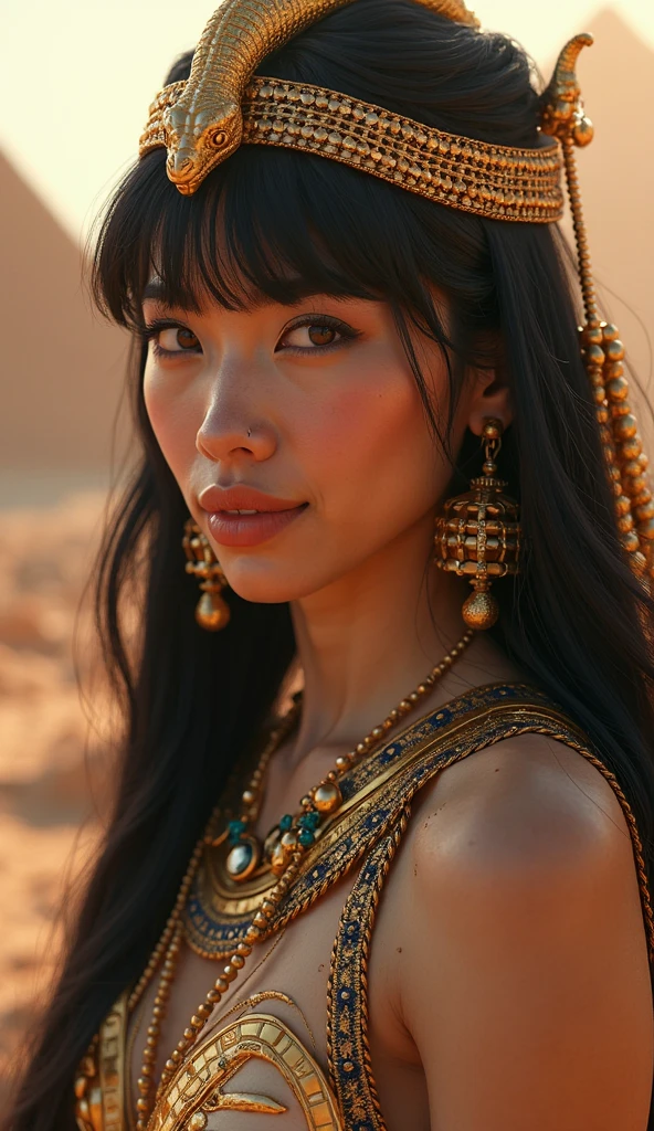 egyptian woman wearing intricate gold jewelry, desert town, pyramid, by Yoshiyuki Tomino, by Al Williamson, (by Bernie Wrightson:0.7), detailed face and eyes, masterpiece, (realistic:1.1) photo, volumetric lighting, soft lighting, absurdres, sharp, color graded, retouched, deep levels