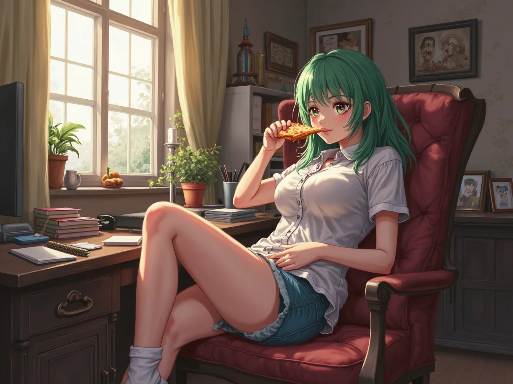 (flat:1.5),(cafe, window, sunlight, table, chair, sedentary:1.5) (big ass, thick thighs:0.7), (warm light source:1.2), intricate details, volumetric lighting, Realism BREAK(masterpiece:1.2), (top quality), 4K, ultra detail, (Dynamic configuration:1.4), Very detailed and colorful details,(rainbow colors:1.2), (shining lights, atmospheric lighting), dreamy, magical, (alone:1.2), intricate details, cheeky expression, (normal size breasts), (green eyes:1.5), (a devastated expression, dead eyes, dark atmosphere:1.5), (darker green hair:1.5), (shirt, Small and tight shorts:1.5), (chubby, round belly), (beautiful eyes, flushing:1.5),(human ear,thin legs:1.5),(chair에 sedentary, diagonal shot:1.5), (embarrassing:1.5),(diagonal shot:1.5), wanting to masturbate