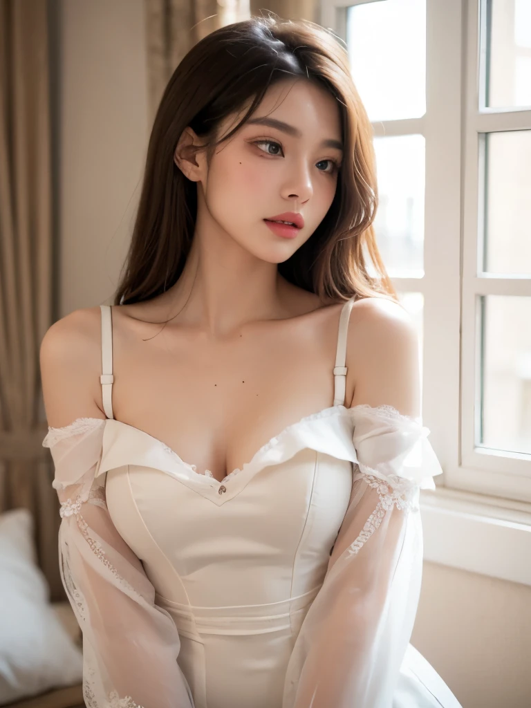 (high details:1.4)、(surrealism:1.4)、(soft lighting:1.05)、32,000、1 woman、realistic lighting、face lighting、ray tracing、(brightened light:1.2)、(improve quality:1.4)、(Realistic textured skin of the highest quality:1.4)、original photo, lifelike, full body woman love, bed, soggy, big bust, stylish hairstyle, pale skin, black eye, pink lips, (Beloved), (:1.1), ~Through, detailed background, detailed face, delicate eyes, good hair, Anatomically correct body, elastic skin, make up, masterpiece