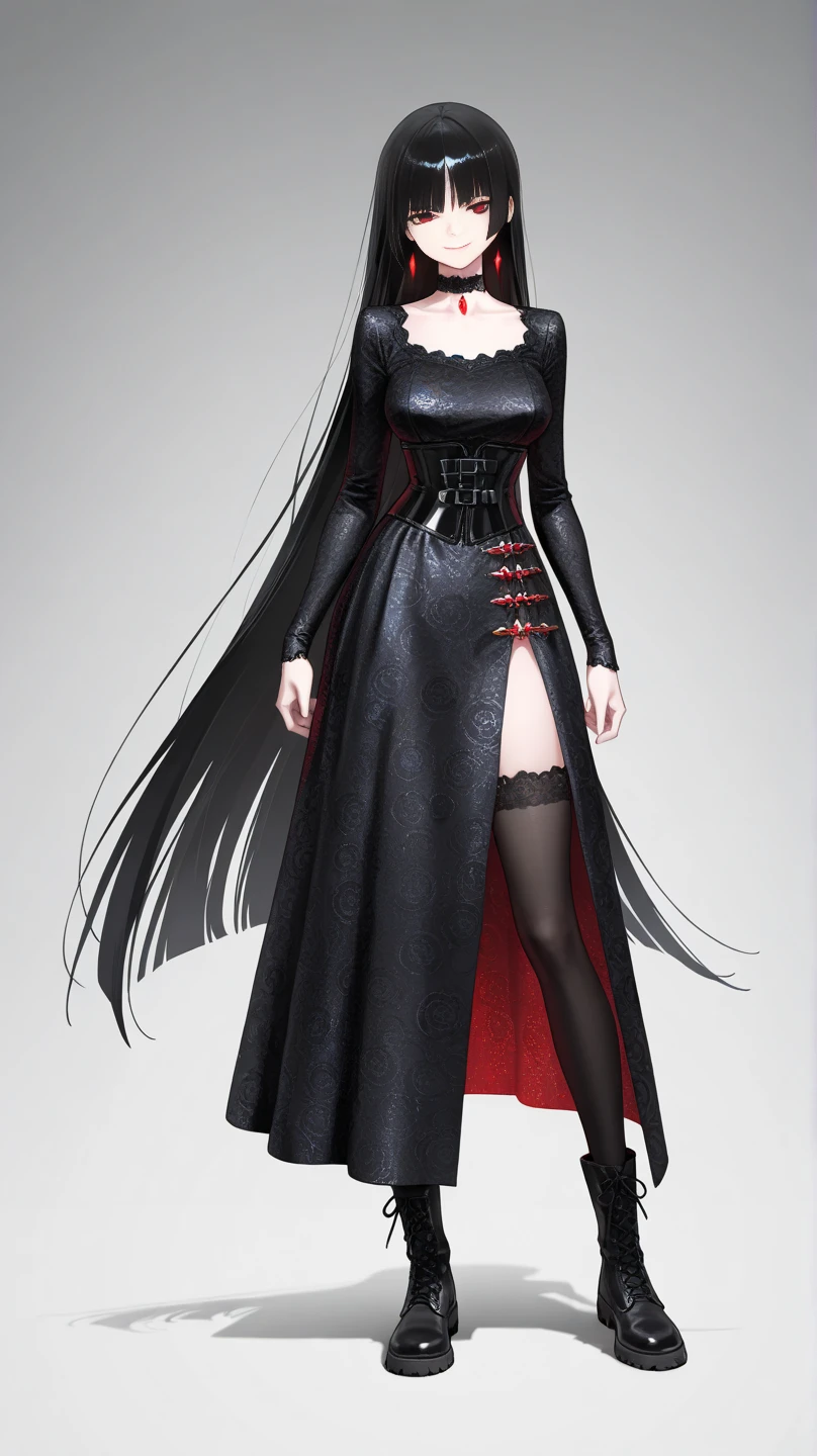 A slender woman with pale white skin wears a long black dress adorned with intricate lace and brocade details. Her long, wavy hair is either jet black or platinum blonde, with a striking red streak in her bangs. Her large, expressive eyes are accentuated with thick eyeliner and colored contact lenses. She accessorizes with a studded leather choker, tall black platform boots, and long nails featuring intricate nail art, creating a dramatic look that blends Gothic and Gyaru styles.(Anime style V2)