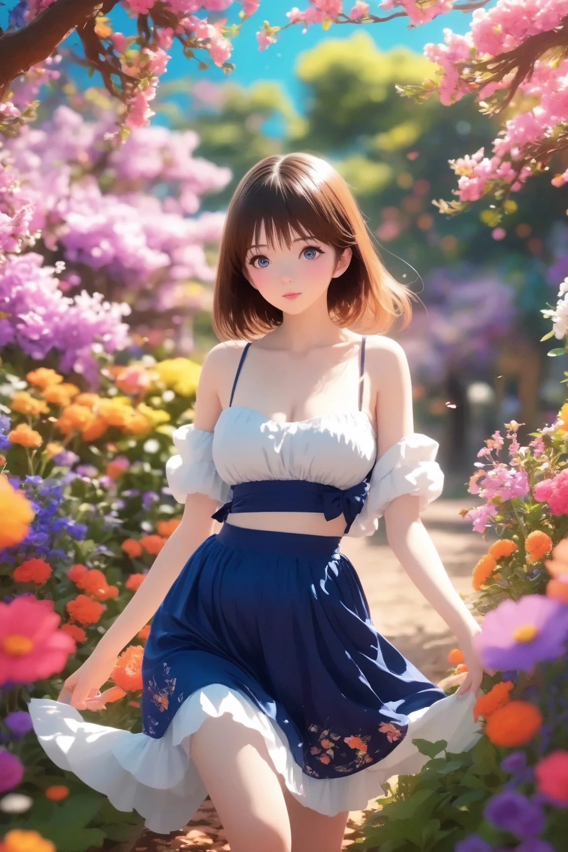 (masterpiece), best quality, good anatomy, shuimobysim, (1 girl: 1), (upper body), (smile), short hair, (hanfu), (ecchi 0.5), (trees: 0.5), (flowers: 0.6), (wooden house: 0.2), (bamboo forest: 0.2), (stream: 0.2), (river: 0.2), frontal symmetrical face