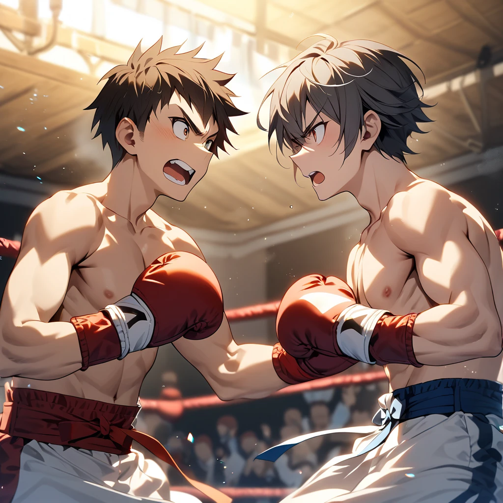 A tanned man boxing with a wolf, (muscles) (sweat) (abs) (beaten)