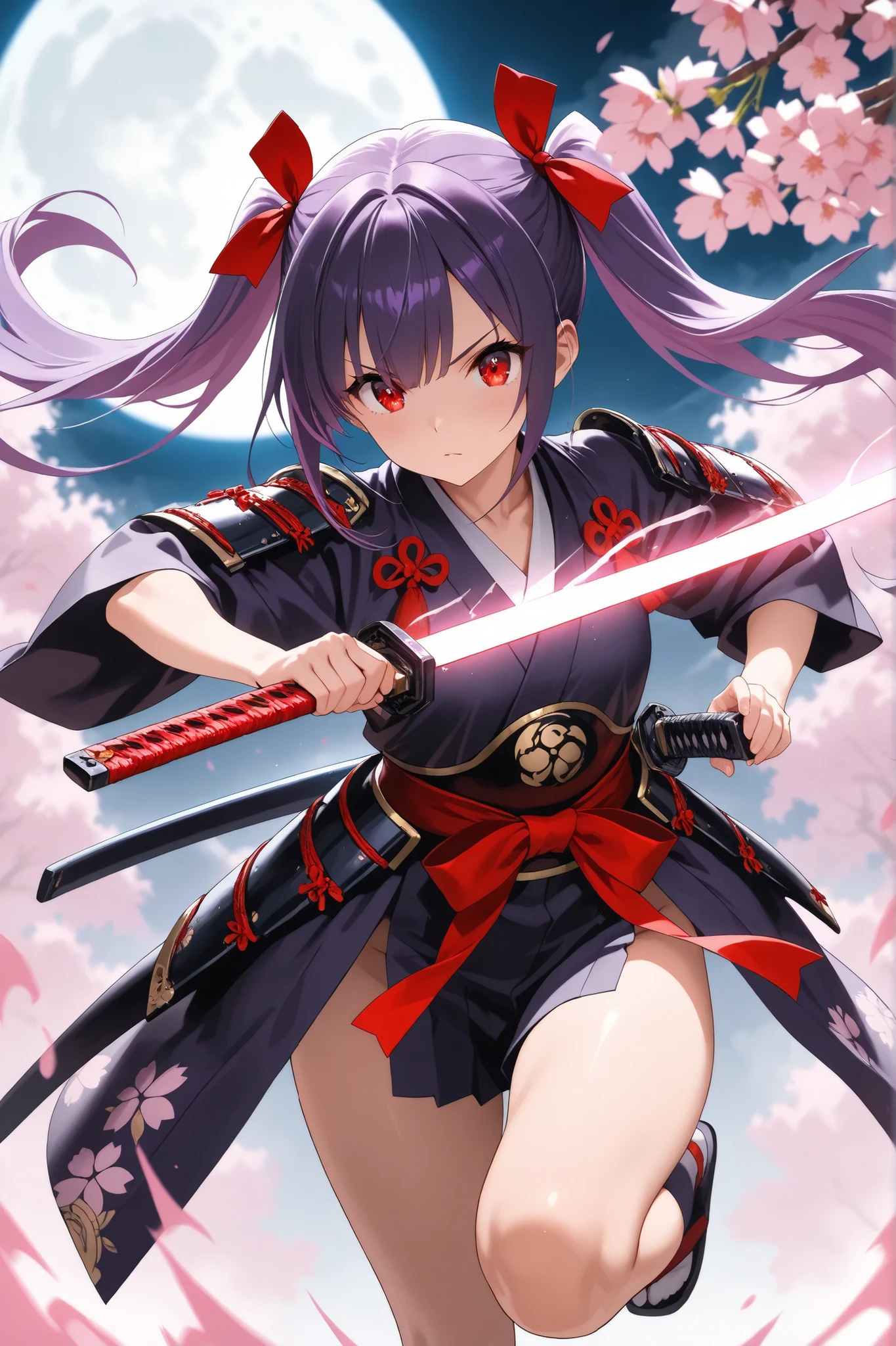  ultra-detailed,8K,illustration,CG,1 cute girl, purple hair,red eyes ,  twin tails,red ribbon,
  samurai costume,  glowing weapon,fighting stance,Japanese sword,full moon,thighs,cherry blossom blizzard