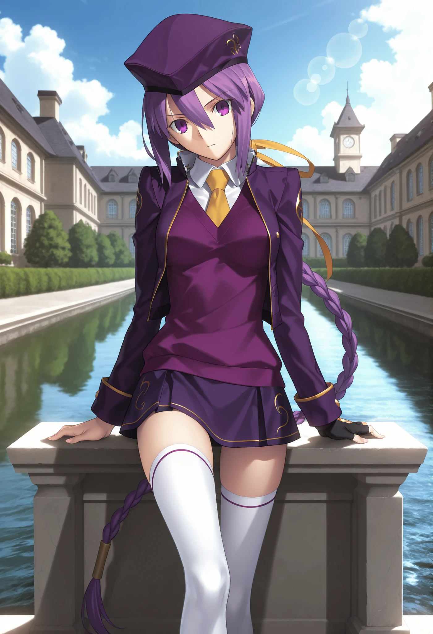 masterpiece, , absurdres, highres, detailed background, high resolution, masterpiece, necessary, detail, best quality, quality, necessary, details, High details, Precise, dark, outdoors, (mansion, ,river), lens flare, blurry background, ,
1girl, Takeuchi Takashi (type-moon,tsukihime) style, takeuchi takashi style,, (aged up) ,((very long legs, slim legs)), ,
girl, (slender body, slim arms, slim bod), (Sion) Eltnum (Atlasia) ,sion eltnam atlasia,(fate), purple hair , purple eyes, tsurime, hair between eyes ,long bang, long hair , braided hair , braided ponytail , yellow ribbon , EltnumOutfit ,small breasts, light purple sweater , sweater vest , collared undershirt , white undershirt , undershirt , yellow necktie , dark purple cropped jacket , dark purple skirt , miniskirt , gold trim , white thighhighs , single glove , fingerless glove , black glove , dark purple beret , jacket ,((head tilt)), looking at viewer , ,
