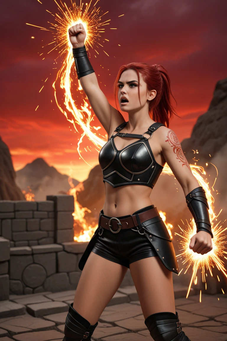 A woman with red hair and armor standing in front of a fire JoeMAD2023,1girl, Red_Monica_v2, large breasts, action pose, 8k, uhd, best quality, cartoon, armor, trending on artstation, vibrant colors, epic fantasy, comic style,red hair, ancient city, toned body, abs,