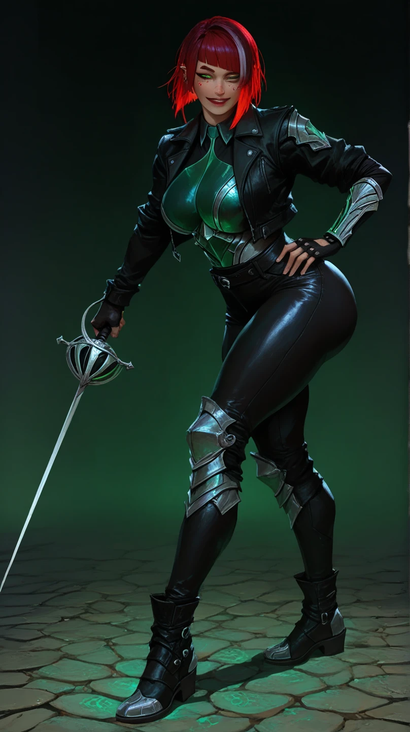 raw photograph, ultra detailed photrealistic, a woman in a green and black bodysuit holding a sword, dark brown skin, red hair, dress, boots, black gloves, looking at viewer, simple background, standing, 8k, best quality, masterpiece, an extremely delicate and beautiful, extremely detailed, (realistic, photo-realistic:1.37), full body