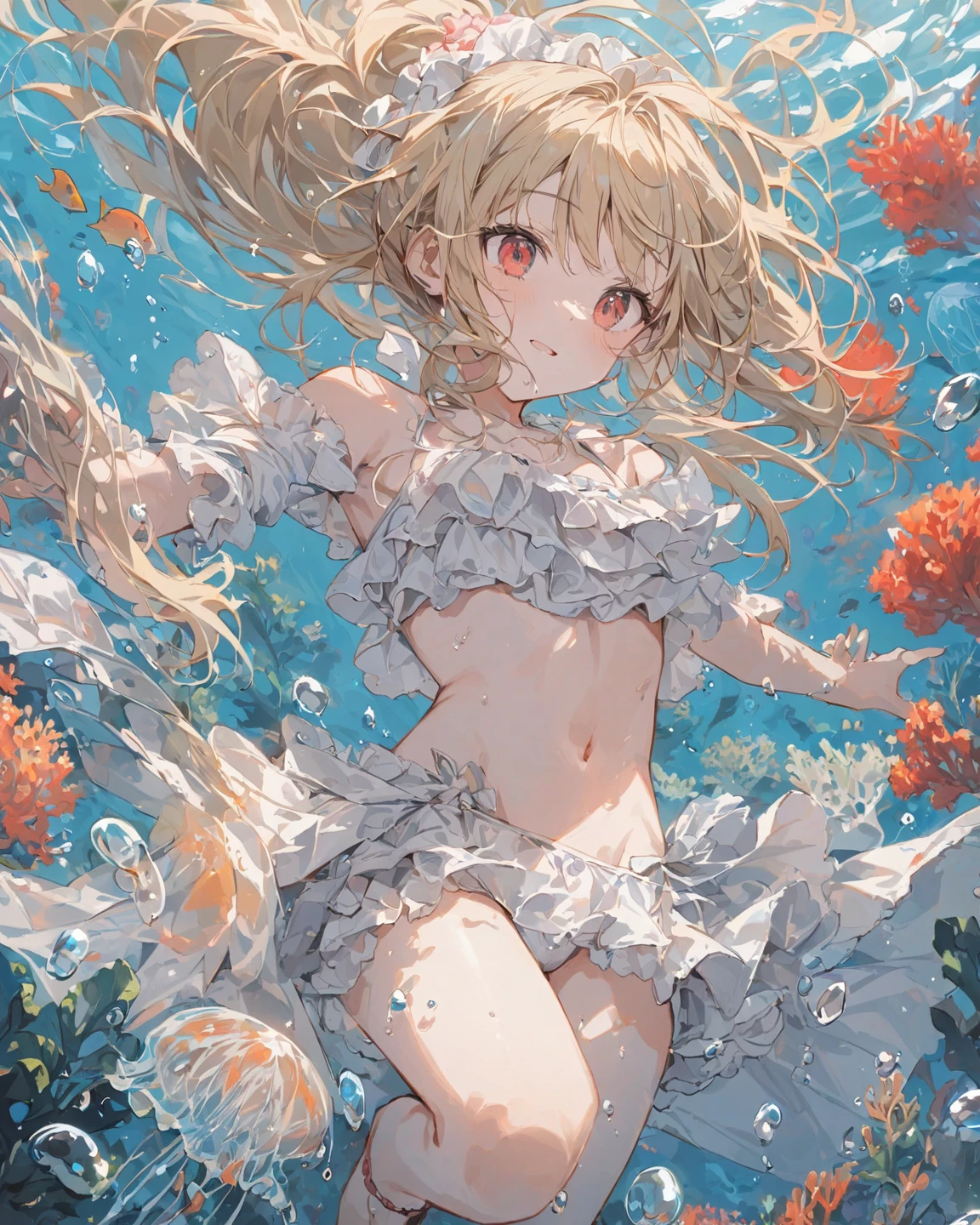 hiten kei style, claude monet, oil painting, mermaid, ((topless)), nsfw, masterpiece, underwater, coral reefs, schooling fish, 1 girl, erect nipples, intricately detailed, navel, bare shoulders, blonde hair, pearl necklace, fin hair ornaments, under sea, extremely detailed, bare breasts, puffy nipples, blue eyes, bare stomach, soaked, medium breasts, golden arm strap, swimming, teen, soft eyes, smiling, armpit, happy, half open eyes, lusty eyes, blushing, long hair, side bangs, huge nipples