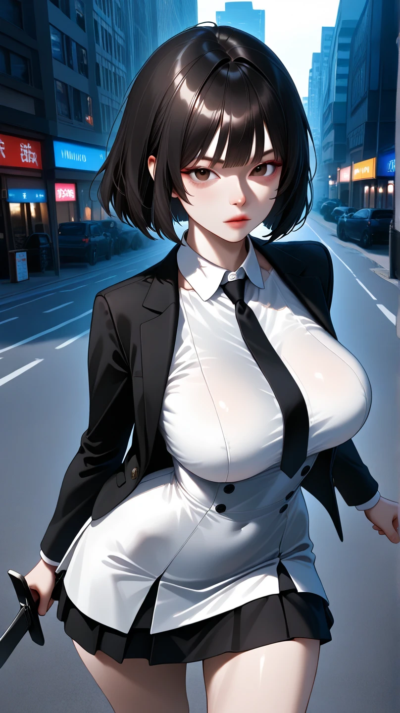 Bewitching anime busty woman in white suit and tight skirt、Black tights,Inviting look、Show off your chest、Shirt and brown hair,Ecchi anime style, bending forward,Kamimei,Red Light District at Night,neons、Bokeh in the background