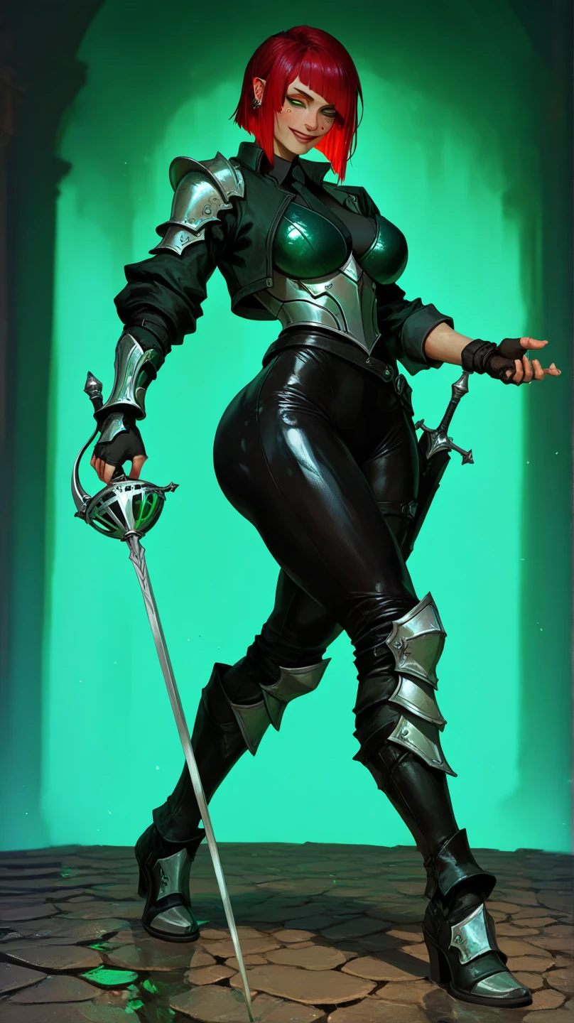 full body photo, 8k, Unreal Engine 5, masterpiece, extremely detailed, maximum quality. Mortal Kombat+Princess Zelda, blue eyes, green hair, size XL bust, wearing a ninja outfit with mask and hood, green with black accents,holding an ice katana, wielding it towards the viewer.Looking at viewer with malevolent smile. Cemetery with rain and fog.
