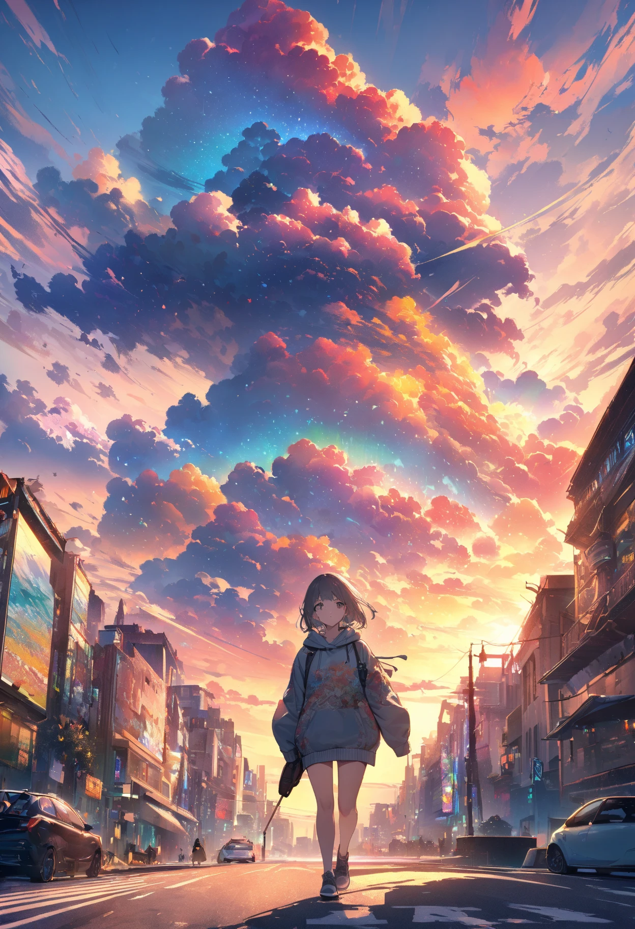 Create exquisite illustrations reminiscent of Makoto Shinkai's style, It has ultra-fine details and top-notch quality. angelic, detailed woman who is walking, woman wearing hoodie, highest billding in city, road, sunrise, horizon, skyline, in the sky, city of clouds, colorful, high-res, 8K
