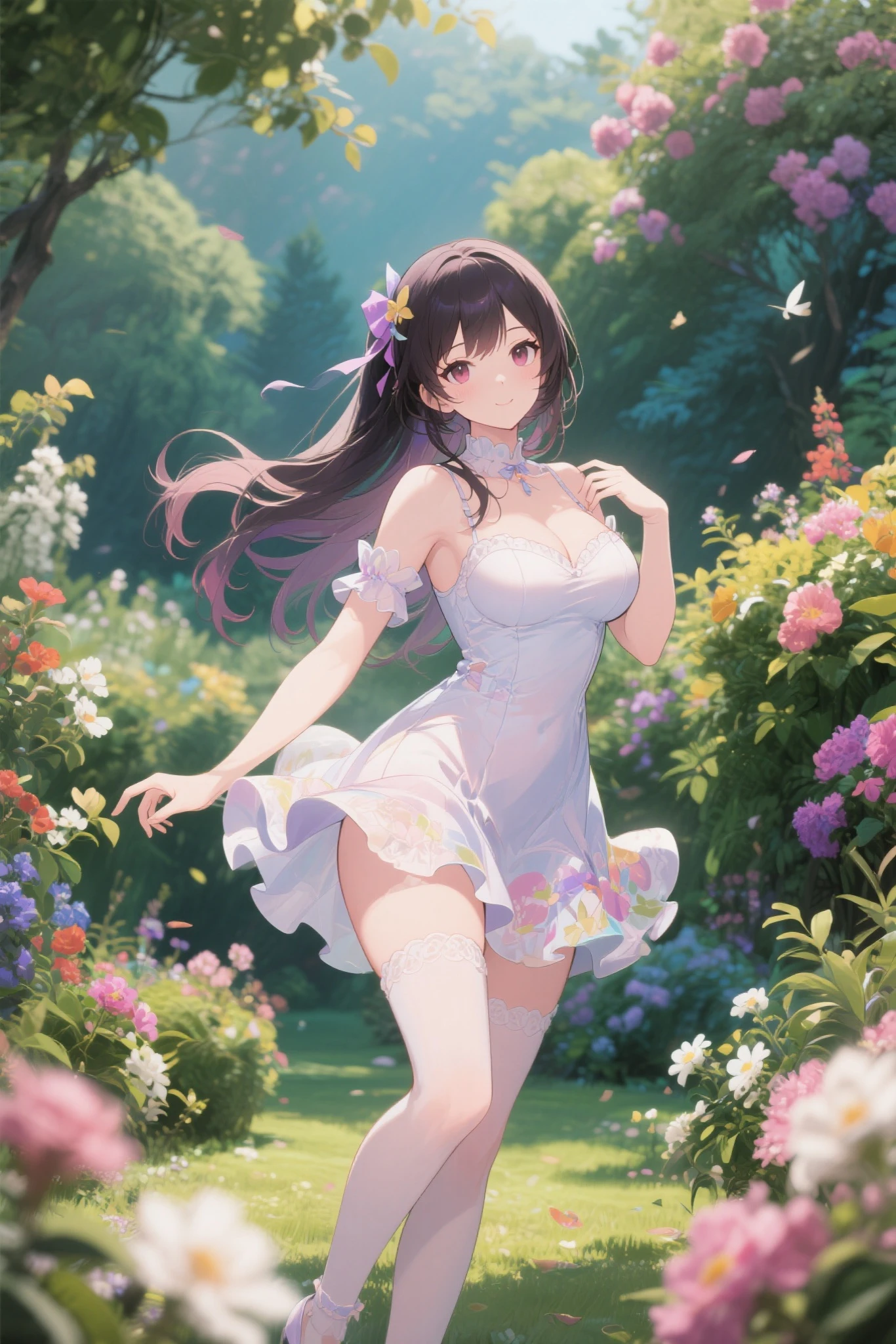 A beautiful 20 years old girl walking in a field of flowers, anime girl, wedding dress, sleeveless, skirt parted in front, white thigh highs, blue sky, rain of flowers, big round breasts, dark brown hair, long hair, wavy hair, long bangs, expressive hair, shiny hair, hairclip, aqua eyes, glowing eyes, pupils sparkling, blush, glossy lips, surprised, embarrassed, ruby earrings, detailed face, choker, windy day, lace gloves, wind lifted skirt, skirt lifting, pink lace white panties, good lighting, perfect body, whole body, anime CG style, high definition, natural light, high detail, anime, dithering, image fill, perspective, Wide-Angle, f/1.8, 85mm, Sony FE GM, 8k, 8k wallpaper, super detail, highly detailed CG, UHD, retina, masterpiece, accurate, anatomically correct, textured skin, highres, best quality:1.3, 16k