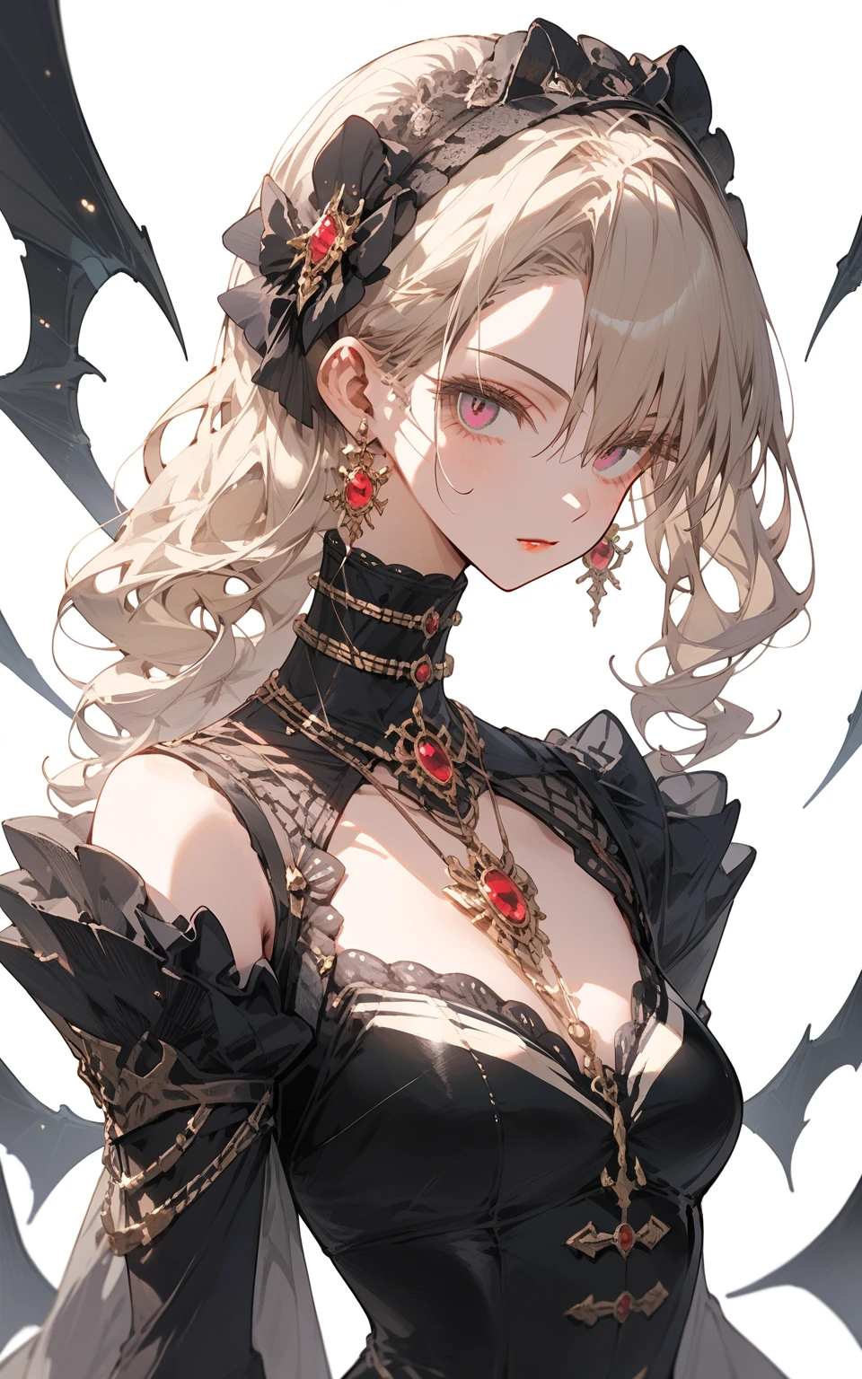 masterpiece, best quality, 1woman, adult, female focus, solo, light blonde hair, long hair, vibrant red eyes, looking at viewer, closed mouth, bangs, Fantasy aesthetics, Highly detailed, shadowverse style, epic exquisite character art, beautiful elegant, gothic dress
