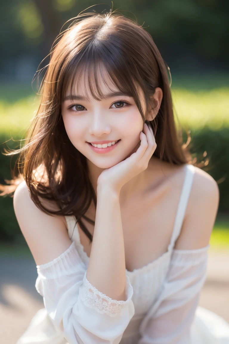 An innocent 20-year-old girl、((White tank top, Dramatic Pose)),smile,shortcut,natural Park、RAW Photos, (8k、highest quality、masterpiece:1.2)、(Intricate details:1.4)、(Photorealistic:1.4)、Octane Rendering、Complex 3D rendering with ultra-detail, Studio Soft Light, Rim Light, Vivid details, Super Detail, Realistic skin texture, Detailed aspect, Beautiful details in the eyes, Highly detailed CG Unity 16k wallpaper, compensate, (Detailed Background:1.2), Glowing Skin, whole body、Cleavage,((Standing with hands behind back、Leaning forward、Top view))