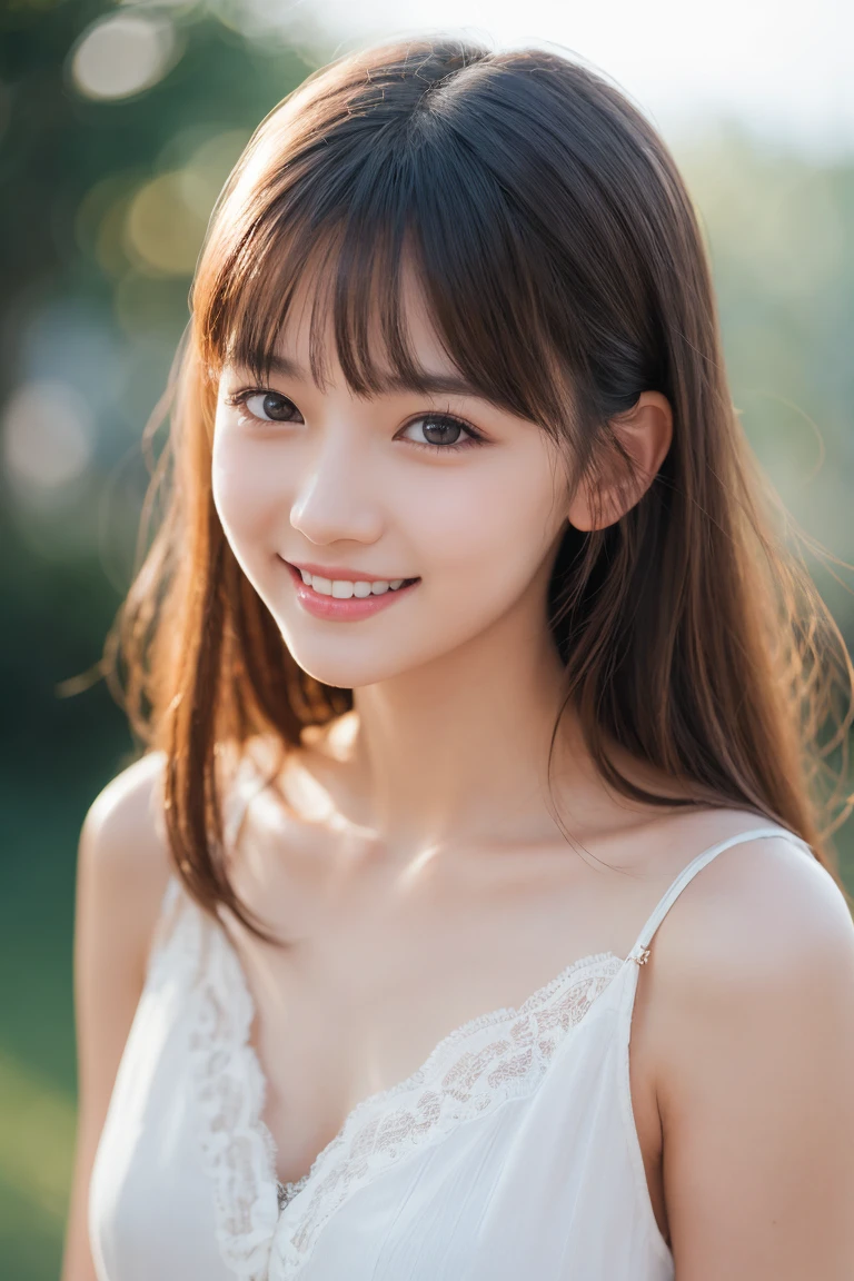 masutepiece, Best Quality, 8K, 1 girl, 20 yo, Closed mouth, Happy smile, close-up, Close-up of face, Solo, Cute, Girly, Delicate girl, Neat and clean beauty, Raw photo, Professional Photography, Portrait, Soft light, Professional Lighting, Back lighting, Look away, looking at away, Sophisticated, Film grain, (Eyes and faces with detailed:1.0), medium length floating hair, Beautiful flowing hair, Bangs