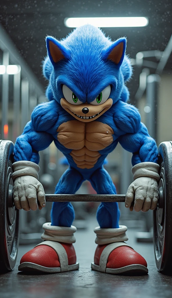 Sonic the hedgehog working out intensely in an outdoor weight training gym, male, straw hat, focus on muscles, well-defined muscles, intense workout, dripping sweat, determined expression, dynamic poses, gym equipment