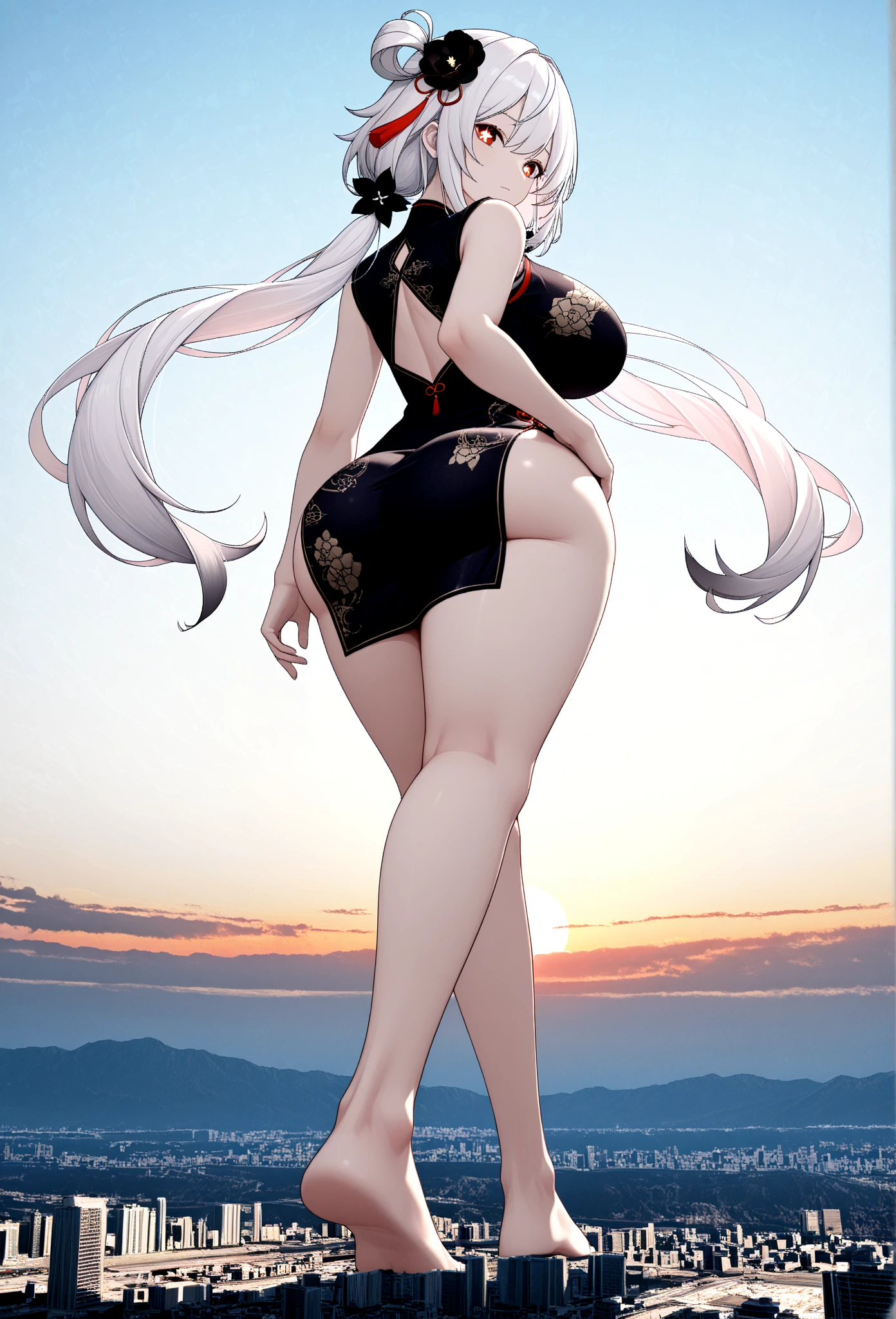 Western beauty。Bun。Beautiful face，big eyes，Double eyelids，Long eyelashes，High nose bridge。Perfect body。（White and tender skin：1.5)。Full breasts，Back exposed。Hips，Long legs。Bikini，Thong panties，Plump thighs exposed。，High-heeled sandals。.
