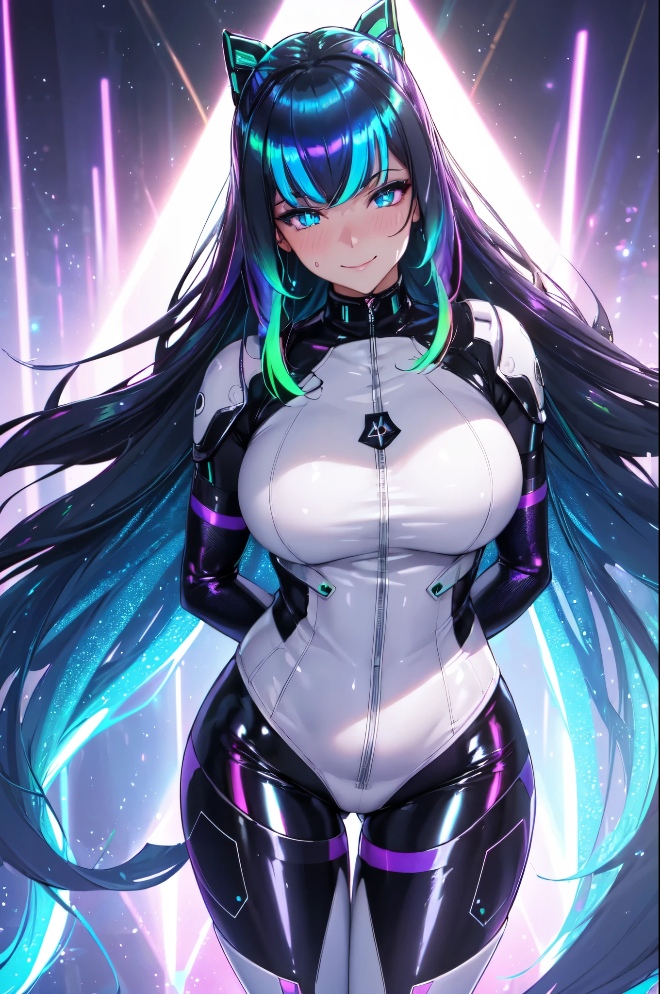 (black hair,colorful fluorescence multicolored  hair:1.5,straight hair:1.5), (masterpiece, sidelights, exquisite beautiful eyes: 1.5), masterpiece*portrait, realistic, ((Colorful background of different colors:1.5)),(Gentle face:1.5),colorful,3D face,(cute face),front view: 1.6、 (glowing green eyes:1.2),(tareme:1.5)、(cute smile:1.5),,Slim Body, shiny hair, shiny skin: 1.5、medium breasts,、solo,(stand)、(HEV suit:1.5)、(charactor focus:1.5、portlate、eye focus,cowboy shot)、bright atmosphere,intricatedetails