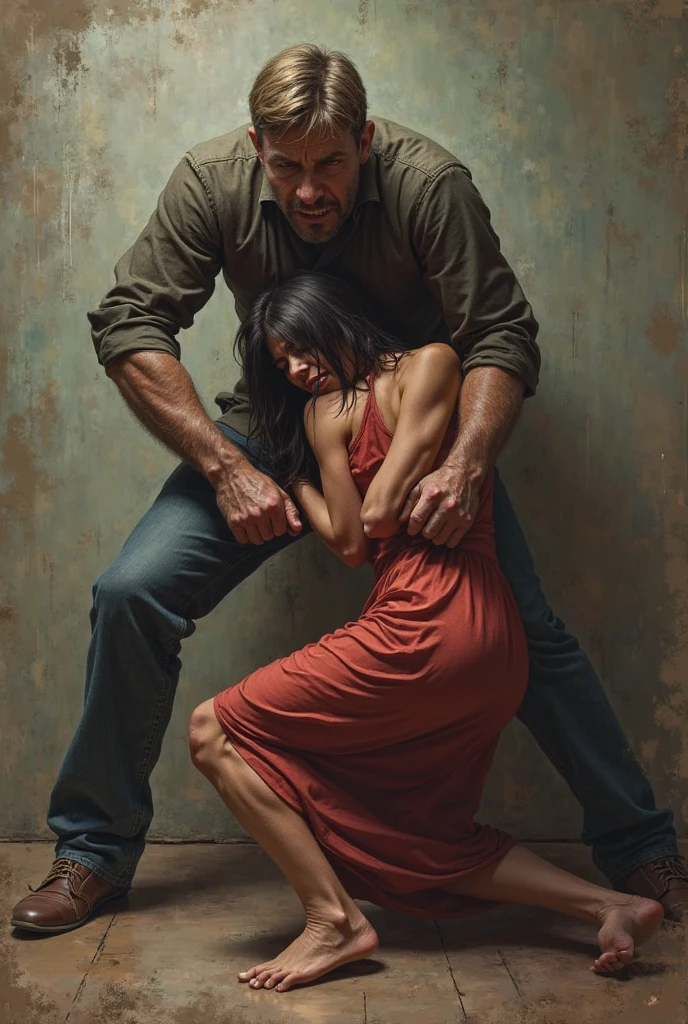 NSFW, (((Top quality, Photo realism, tmasterpiece))), (1 middle-aged man and 1 girl, A couple:1.5), 19 year old girl in black tight bike set, Dark blue ponytail, Height 165 cm, huge tit, Buttock augmentation, Fitness model, The girl showed a shy and nervous expression, Ruddy cheeks, Wheezing, perspire, The whole body is drenched, ((She leaned against the wall, inner thigh, Hide your hands behind your back)) 。50-year-old middle-aged man in orange shirt, (Man hugs 1 girl from behind:1.5), (The man touched the girl's:1.5), In cramped toilets, View from above.