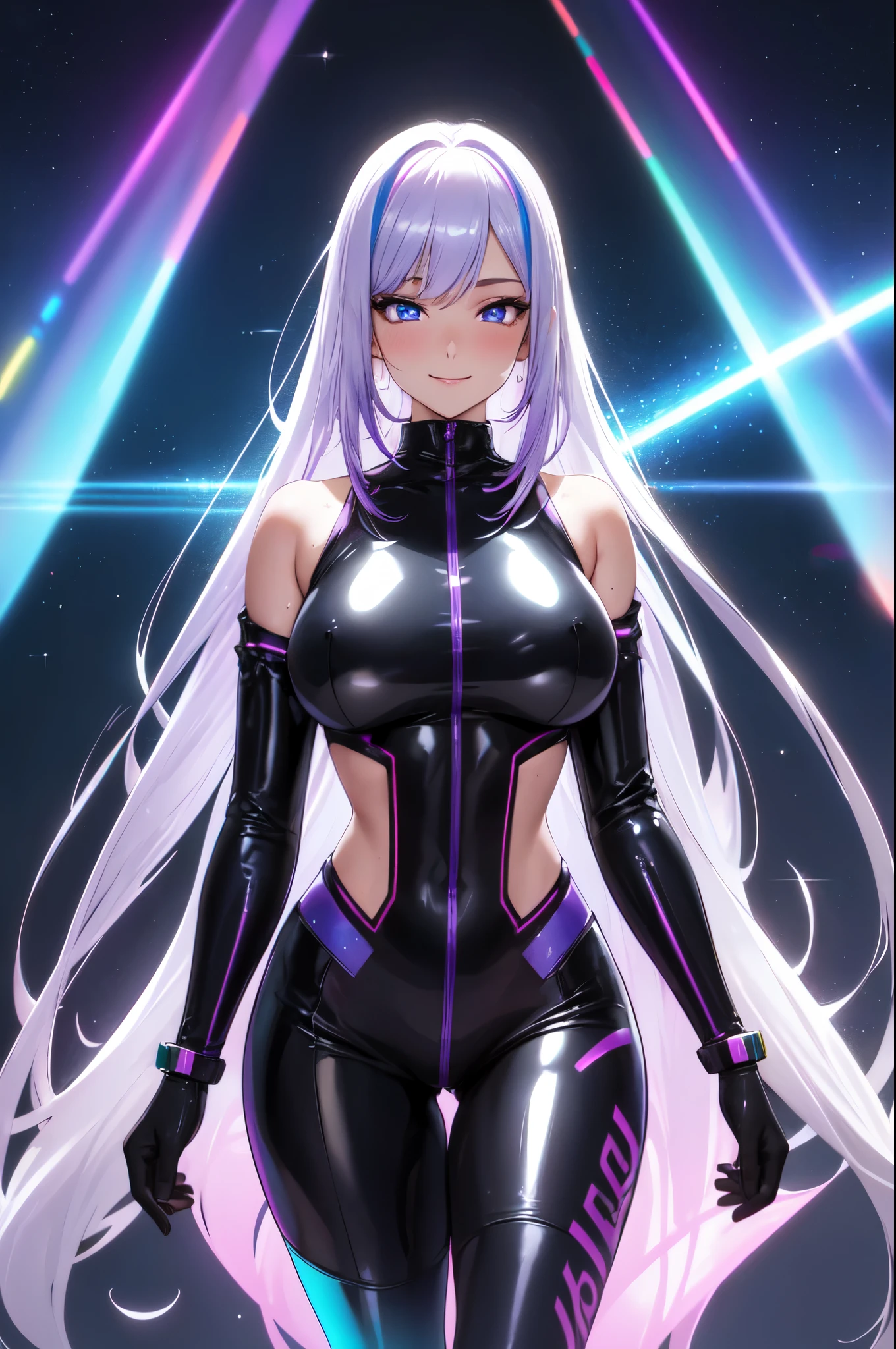 1 girl, 20 year old girl, one person, (Silver blue hair streaked pink purple:1.4), (Gradient sky blue hair ends:1.6), hair strand, absurdly long hair, single sidelock, wavy hair, shiny hair, floating hair, (Illusion deep purple eyes), delicate eyes, aqua eyes, High like real eyes, ((glowing eyes)), makeup, Focus on face, Very detailed facial, hot body, Random environment, Random pose, on the street, looking at the starry night sky, meteor, Technical clothing masterpiece, White extra long skirt, several cross stars beside, Colored lights swirl around the body, (((Extra super huge colorful extra super complex multiple glowing magic circle upright on the back of the head))), cyberpunk, full body shot, realism, chiaroscuro, (glowing light), sparkle, ray tracing, cinematic lighting, Futurism, motion blur, Ultra-Wide Angle, god rays, atmospheric perspective, best quality, UHD, super detail, masterpiece, highres, ccurate, retina