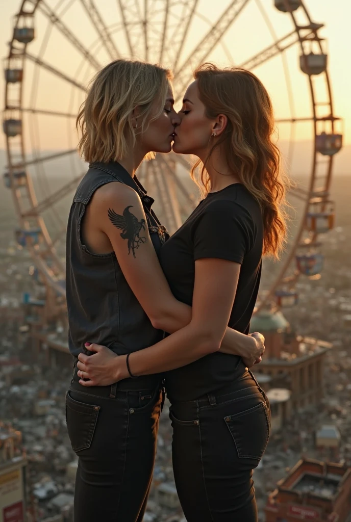 In a bustling urban alley, illuminated by the neon glow of city lights, a passionate lesbian couple embraces against a graffitied wall. They kiss deeply, their bodies entwined in a tight hug, lost in a moment of pure affection and desire. The first woman, dressed in a chic black leather jacket and tight jeans, exudes confidence and style. Her short, platinum blonde hair contrasts sharply with her partner's long, wavy brown locks, which cascade over her shoulders.
The second woman, wearing a red satin dress and stiletto heels, adds a touch of glamour to the gritty urban setting. Her makeup is flawless, accentuating her full lips and expressive eyes. The scene is set in the vibrant nightlife district, with blurred figures of passersby and the faint sound of distant music creating a lively backdrop. The cinematic lighting enhances the photorealistic quality of the image, capturing every detail from the sheen of the leather jacket to the subtle reflections in their eyes.
The couple's passionate kiss is a bold statement of love and defiance, a celebration of their identity and connection. The hyper-detailed rendering of the scene makes it a masterpiece of modern romance, capturing the raw, authentic emotions of a moment frozen in time.
Put in the image: urban alley, city lights, neon glow, graffitied wall, chic black leather jacket, tight jeans, short platinum blonde hair, long wavy brown hair, red satin dress, stiletto heels, flawless makeup, full lips, expressive eyes, vibrant nightlife, blurred passersby, distant music, gritty urban setting, photoreal