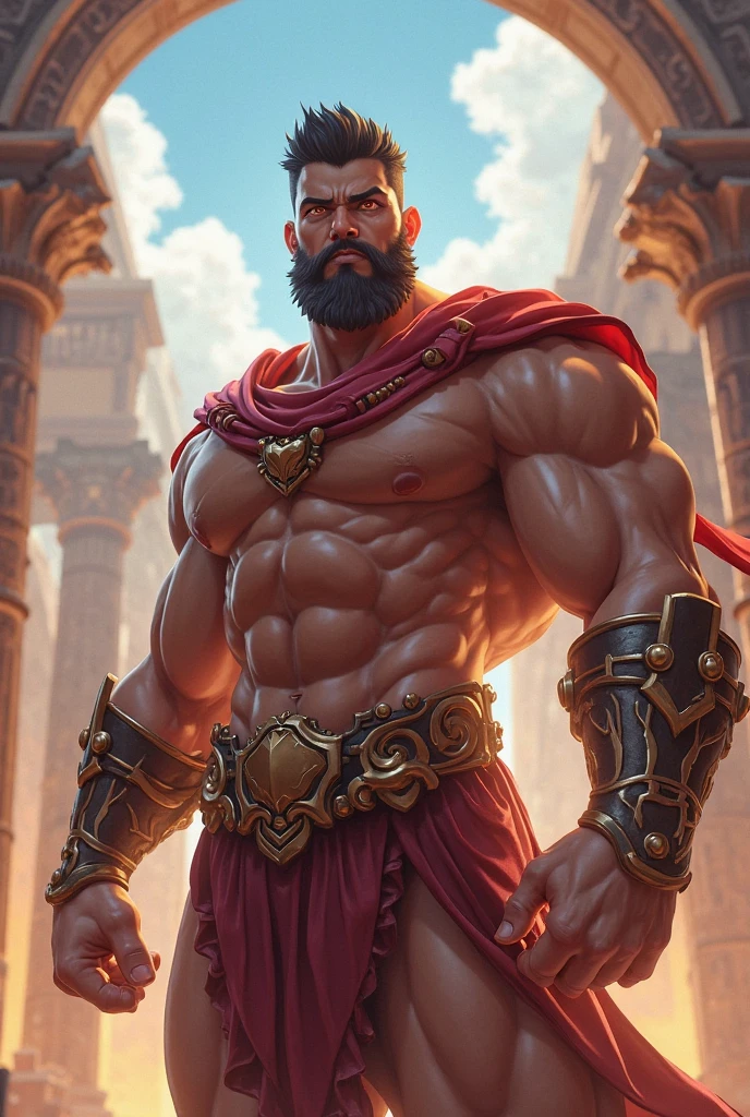 burly virile bulky man, overmuscular and musclebound, bulging veiny muscles, broad shoulders, wide chest, overly thick arms and legs, thick body, a hulking figure with swelling muscles, a long bushy beard and a thick mustache, grey hair, a king sitting on his throne, high detail, medieval, realistic, facial details