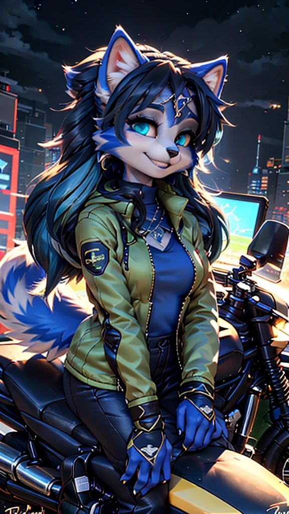 A beautiful and detailed (sweet portrait) wa ((Krystal)), Star Fox Krystal, sslim, lovable, green eyes, medium breasts, (((Long blue hair 1.3))), ((black hair tips)), Decollete, grin, look up,, anthro, furry, Uploaded E621, detailed fluffy fur, (wa Fluff-Kevlar, Bayard Wu, Personalami, Pino Daeni), detailed face, (fluffy), 1 girl, alone, sweet girl, lederjacke, fährt motorrad, lederkombi