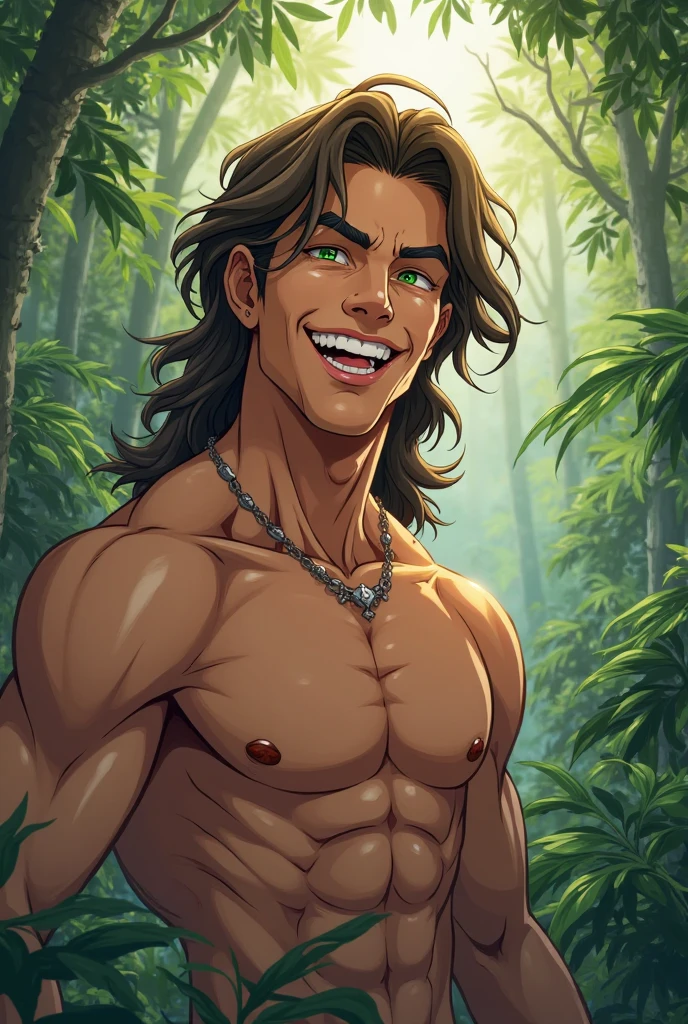 a character, A male with green eyes, that he is tall-busted, somewhat broad, young, 24 years old and not human, who embodies both kindness and power, that it has a lot of hair on the back of its neck and part of its chest
In a cartoon style
That it is not furry