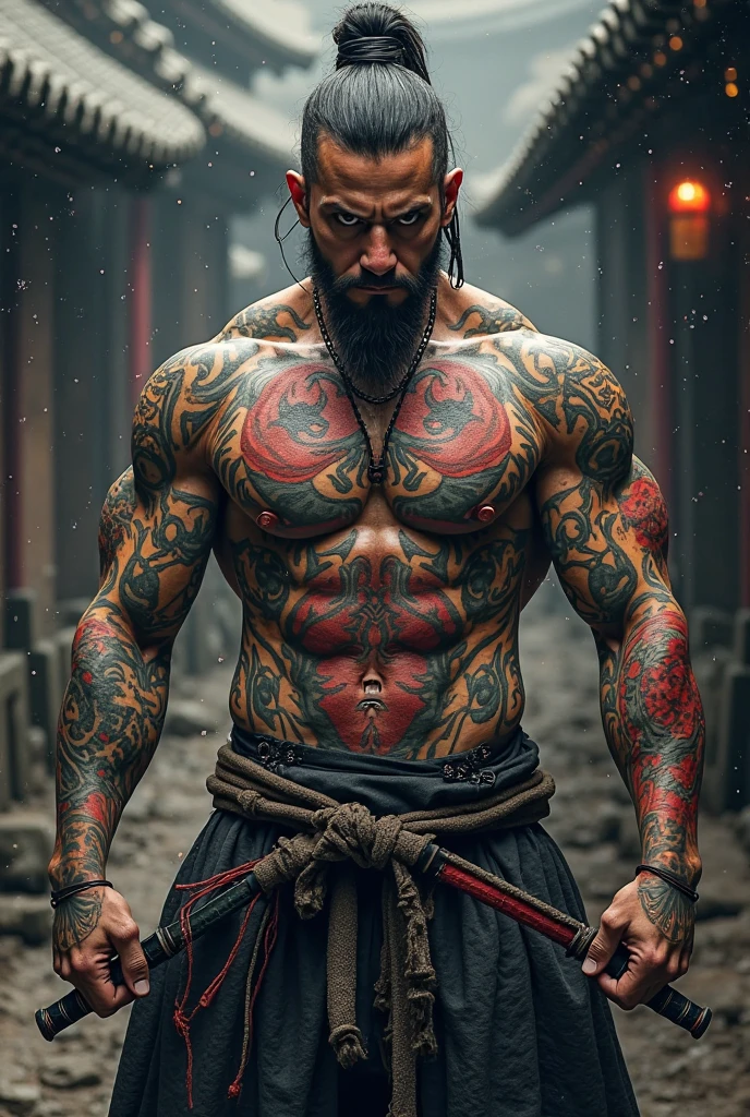 Character inspired by a shaolin with a body with red black and orange spots on his body arms with red black and orange dye spots on his head with a mustache shaolin pants with pale red dye mixed with black and grayish black eyes and white dye with black mixed with light dark red is a dangerous fighter side 