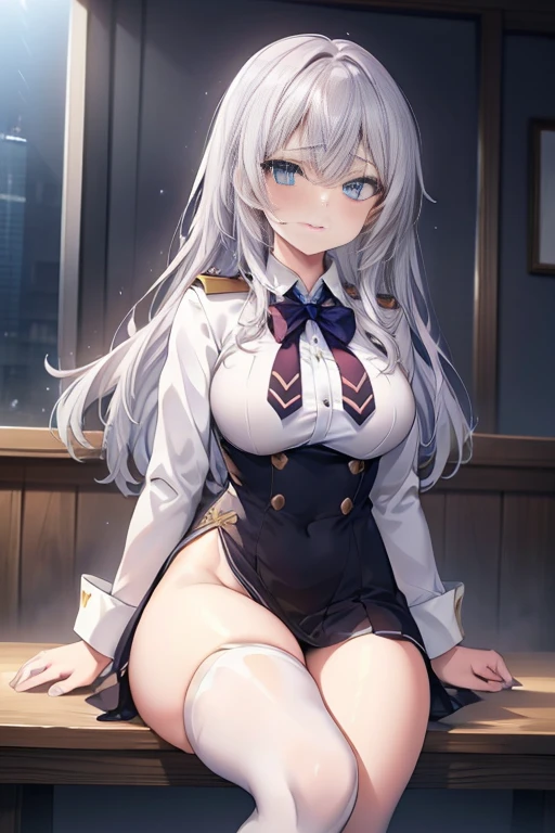 (((Spread your legs、Shooting from below、White lace panties))、(((Accentuate the crotch)))、Highest quality, 8k, masterpiece :1.3)), whole body, Sharp focus :One Girl,Glowing Skin,SSexy pose,Highest quality,Tabletop,shape,Very delicate and beautiful,Hmph,8k壁紙,wonderful,In detail,Official Art,Very detailedなティッカーUnity 8k壁紙,Incredibly ridiculous,Large file size,Very detailedな,High resolution,Very detailed,Beautiful detailed,Realistic,X-ray,The queue is full,(((Uniform Blazer、mini skirt)))、(((Big Breasts、Silver Hair)))、(((School、classroom)))、Stand upright、Cleavage , ((Long silver hair))、Uniform Blazer、Sexy pose、Hairstyle: Long Hair、both hands、