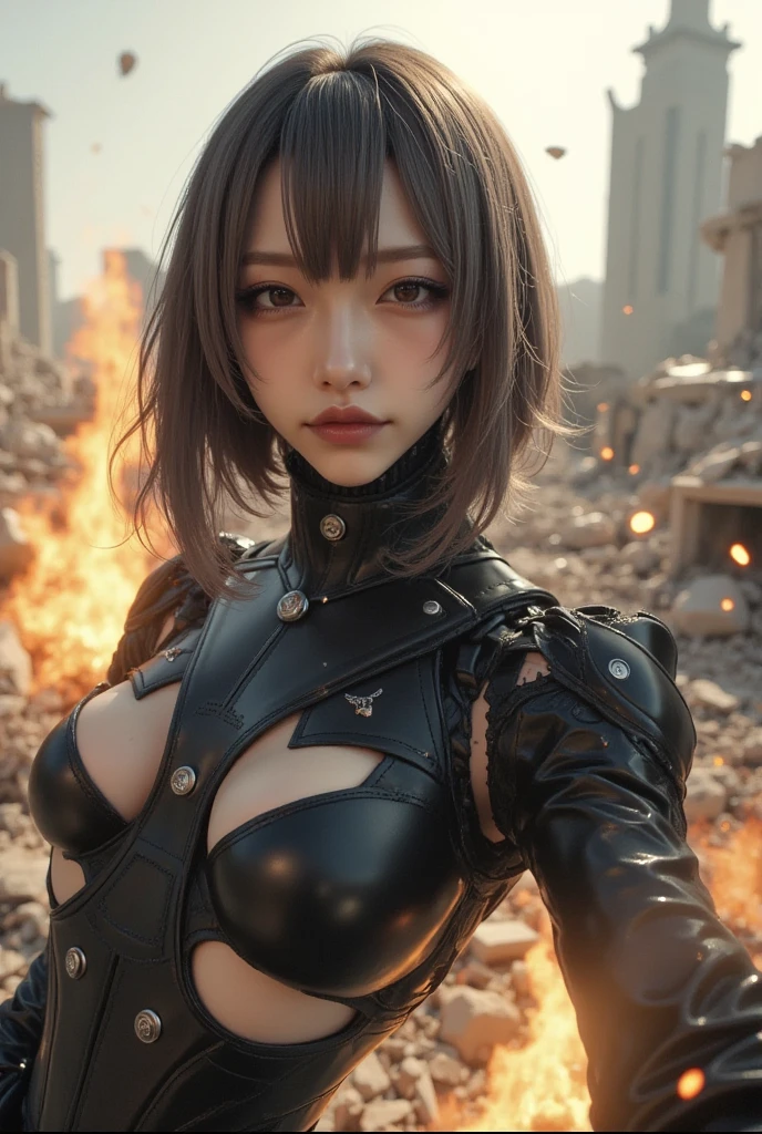 (((RAW image quality:1.4))), movie heroine "evil black alien". A woman is chased by a giant wet alien that glows yellow.., cute japanese woman、Desperately escape from giant aliens in a devastated metropolis.., , messy brown hair, Tattered pilot suit, (torn clothes:1.4), ((cleavage:1.4)), (running through the rubble:1.4). crumbling building, burning flame, explosion、white skin, smooth skin, (amazingly beautiful face:1.4), become familiar with, realistic, 8k. Countless mechanical black tentacles attack her..., biologically correct woman, negative prompt. Rainy night, blurred background,